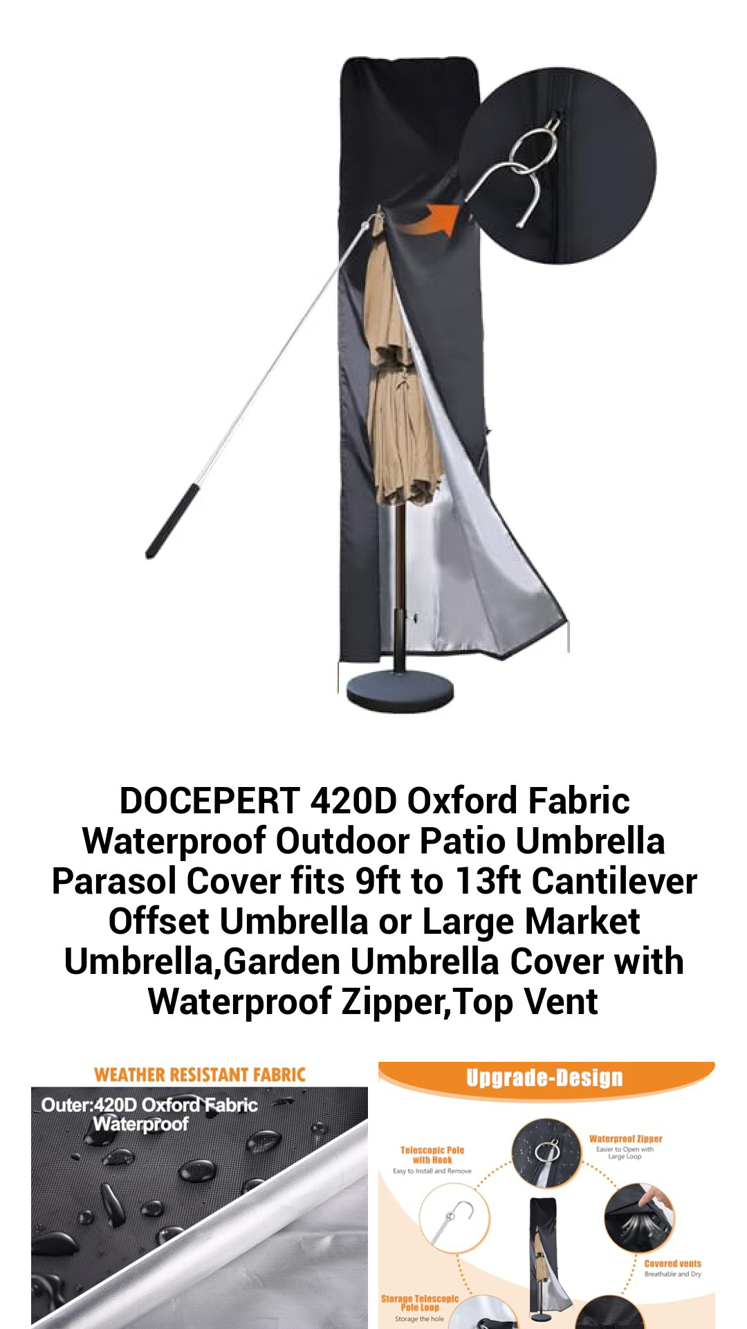 DOCEPERT 420D Oxford Fabric Waterproof Outdoor Patio Umbrella Parasol Cover fits 9ft to 13ft Cantilever Offset Umbrella or Large Market Umbrella,Garden Umbrella Cover with Waterproof Zipper,Top Vent DOCEPERT 420D Oxford Fabric Waterproof Outdoor Patio Umbrella Parasol Cover fits 9ft to 13ft Cantilever Offset Umbrella or Large Market Umbrella,Garden Umbrella Cover with Waterproof Zipper,Top Vent