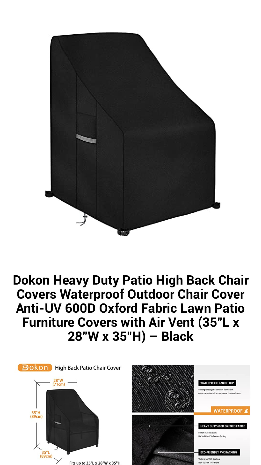 Premium Heavy-Duty Waterproof High Back Chair Covers – UV-Resistant 600D Oxford Fabric for Outdoor Furniture Protection (35"L x 28"W x 35"H) – Elegant Black