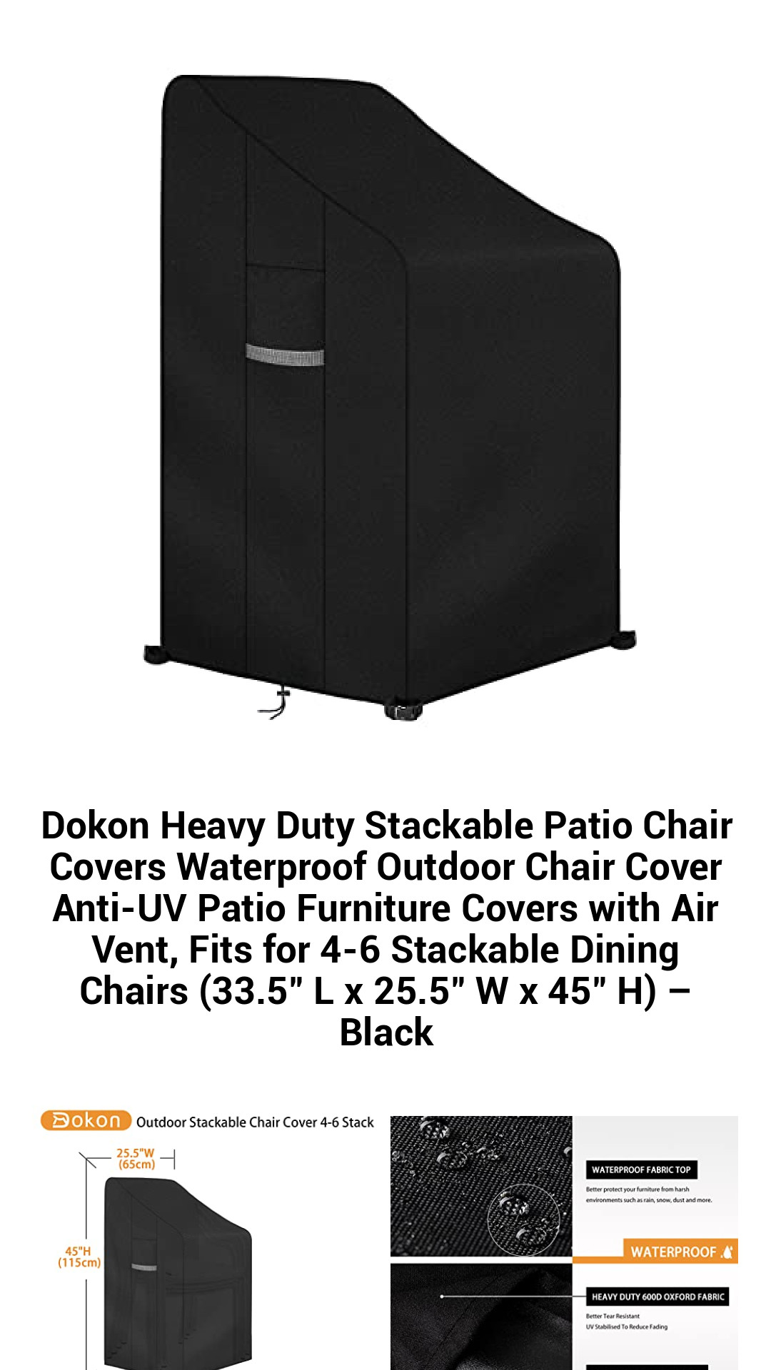 Premium Heavy-Duty Waterproof Stackable Patio Chair Covers – UV Resistant Outdoor Furniture Protection for 4-6 Chairs (33.5" L x 25.5" W x 45" H) – Sleek Black Design