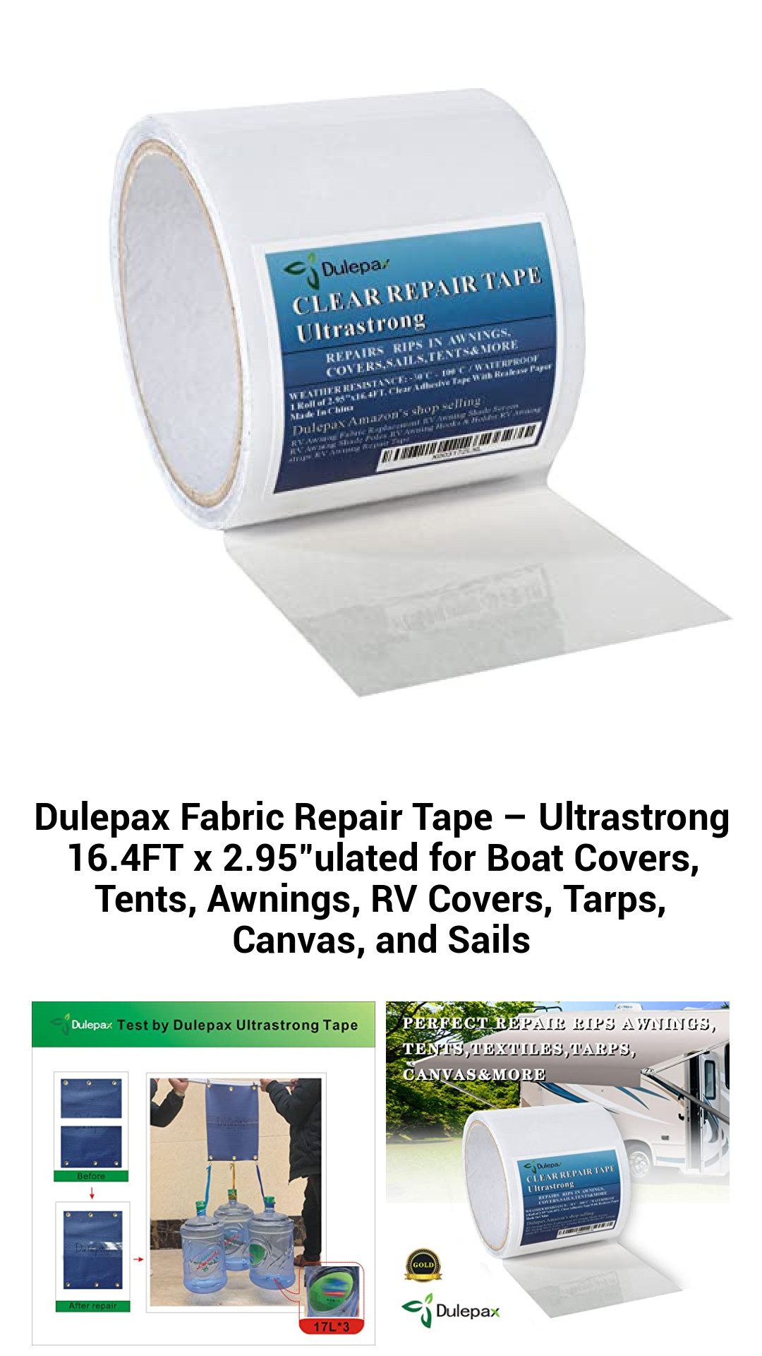 Dulepax Fabric Repair Tape – Ultrastrong 16.4FT x 2.95"ulated for Boat Covers, Tents, Awnings, RV Covers, Tarps, Canvas, and Sails Dulepax Fabric Repair Tape – Ultrastrong 16.4FT x 2.95"ulated for Boat Covers, Tents, Awnings, RV Covers, Tarps, Canvas, and Sails