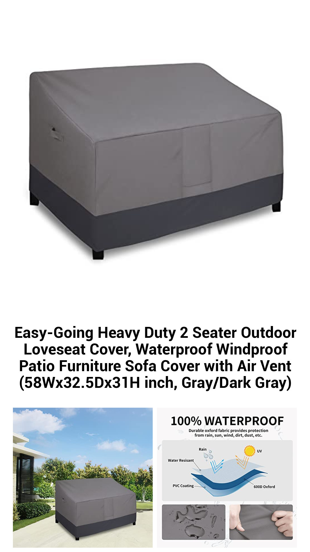 Premium Heavy Duty Waterproof 2-Seater Outdoor Loveseat Cover – Windproof & Durable Patio Furniture Protector with Air Vent (58Wx32.5Dx31H inch, Gray/Dark Gray)