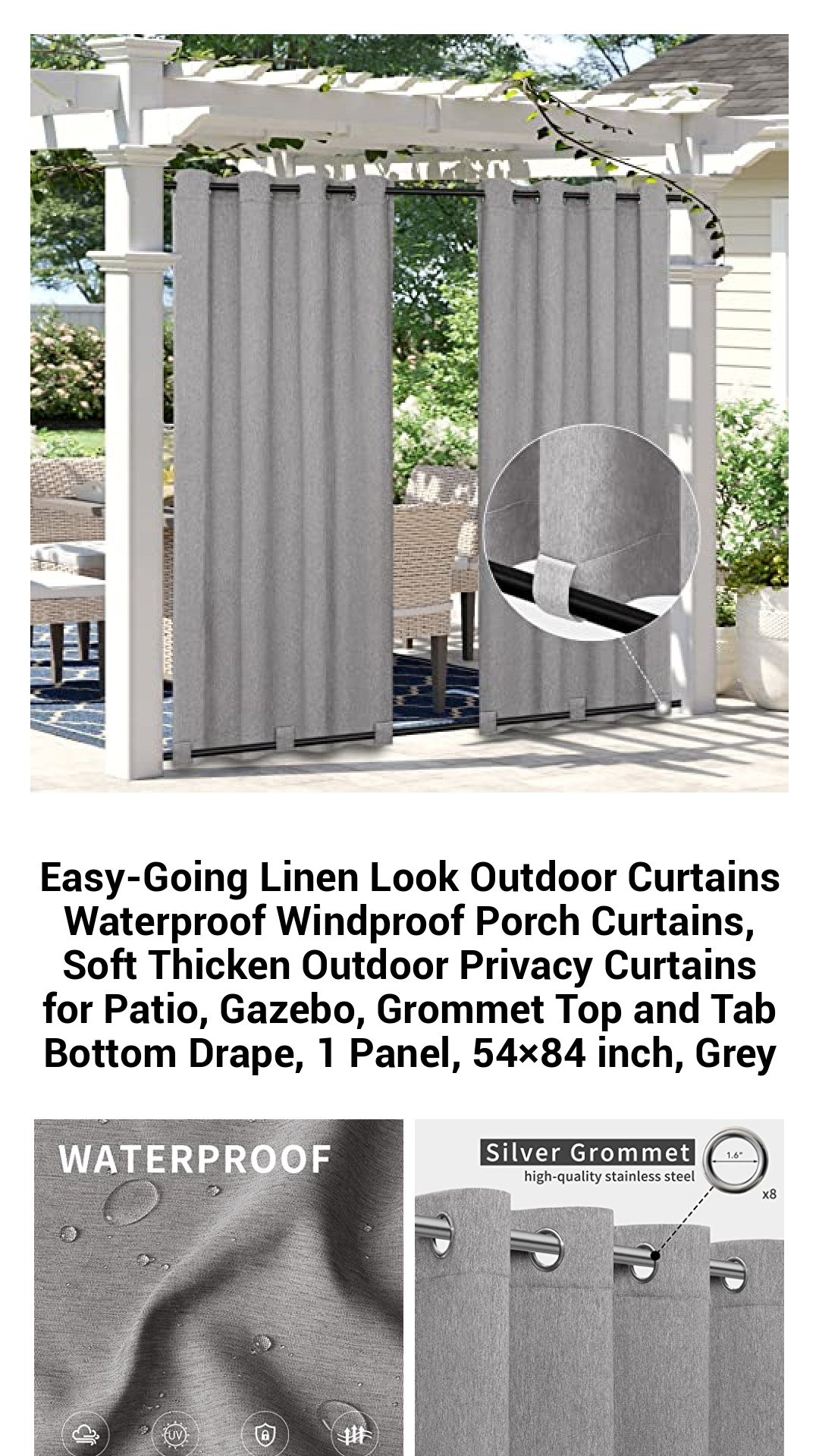 Premium Waterproof Linen Look Outdoor Curtains - Stylish and Durable Privacy Drapes for Patios, Gazebos, and Porches - Soft Thicken Fabric, Grommet Top, 54x84 inch, Grey