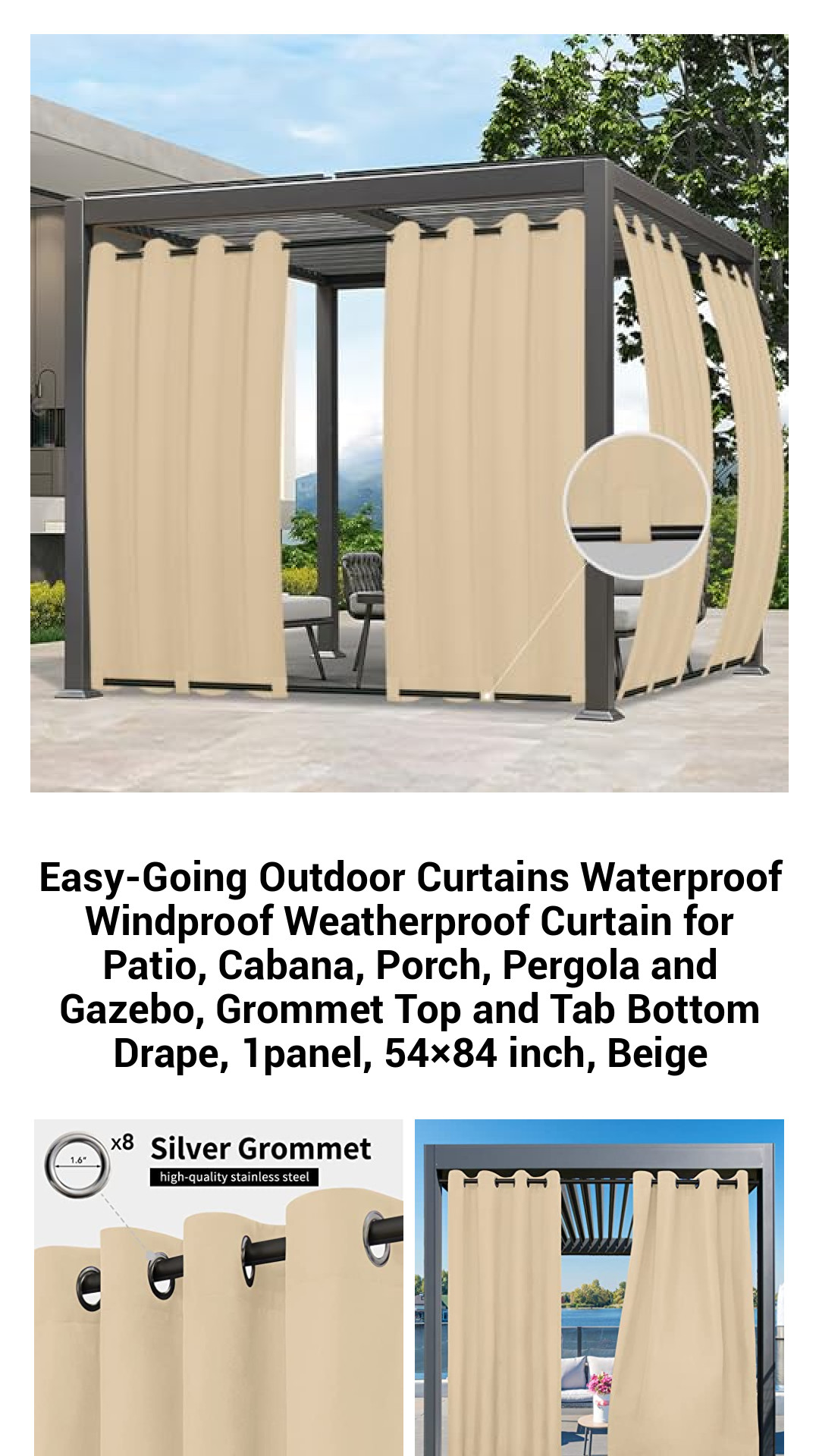 Premium Waterproof Outdoor Curtains – Weatherproof Grommet & Tab Drape for Patios, Porches, and Gazebos | 54x84 Inch Beige Panel