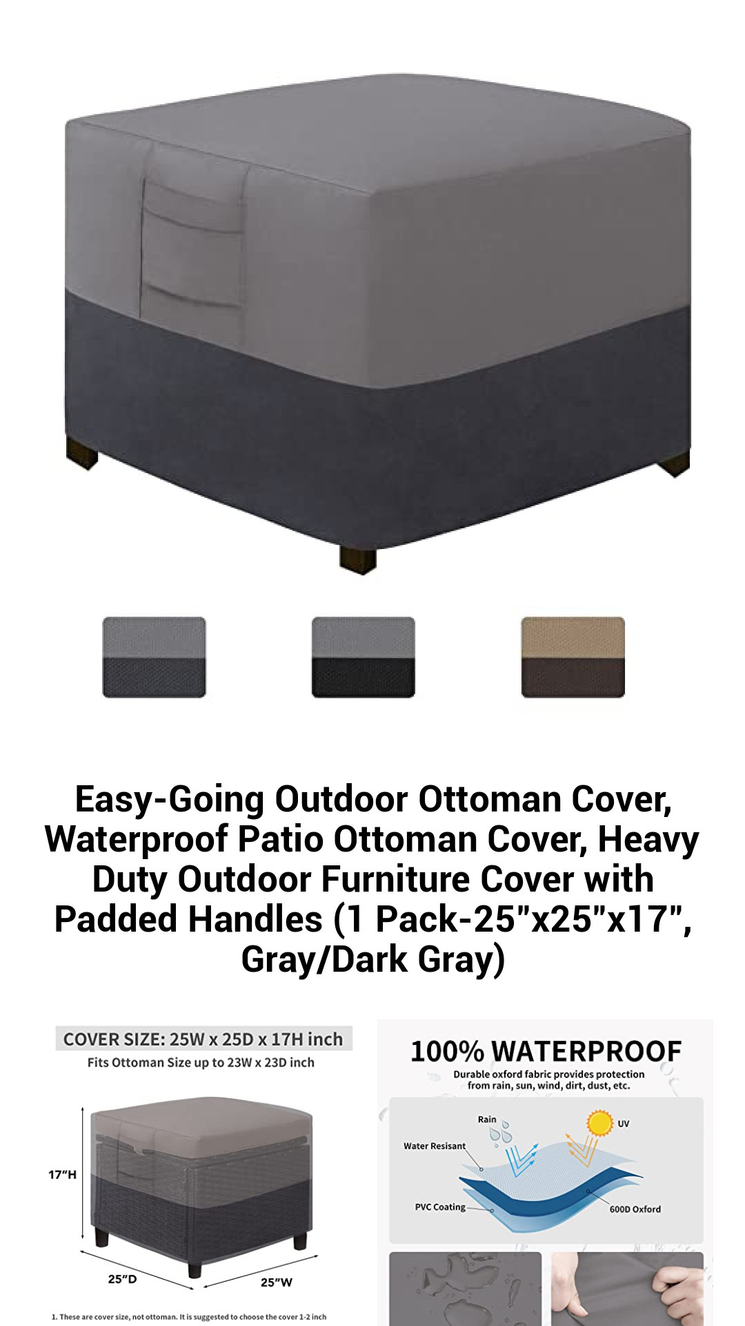 Easy-Going Outdoor Ottoman Cover, Waterproof Patio Ottoman Cover, Heavy Duty Outdoor Furniture Cover with Padded Handles (1 Pack-25"x25"x17", Gray/Dark Gray) Easy-Going Outdoor Ottoman Cover, Waterproof Patio Ottoman Cover, Heavy Duty Outdoor Furniture Cover with Padded Handles (1 Pack-25"x25"x17", Gray/Dark Gray)