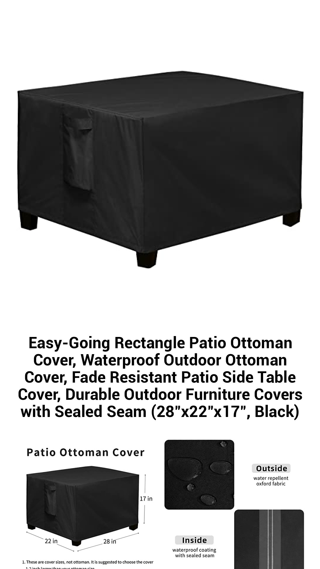 Premium Waterproof Outdoor Ottoman Cover – Heavy-Duty UV-Resistant Furniture Protection (28"x22"x17", Black)