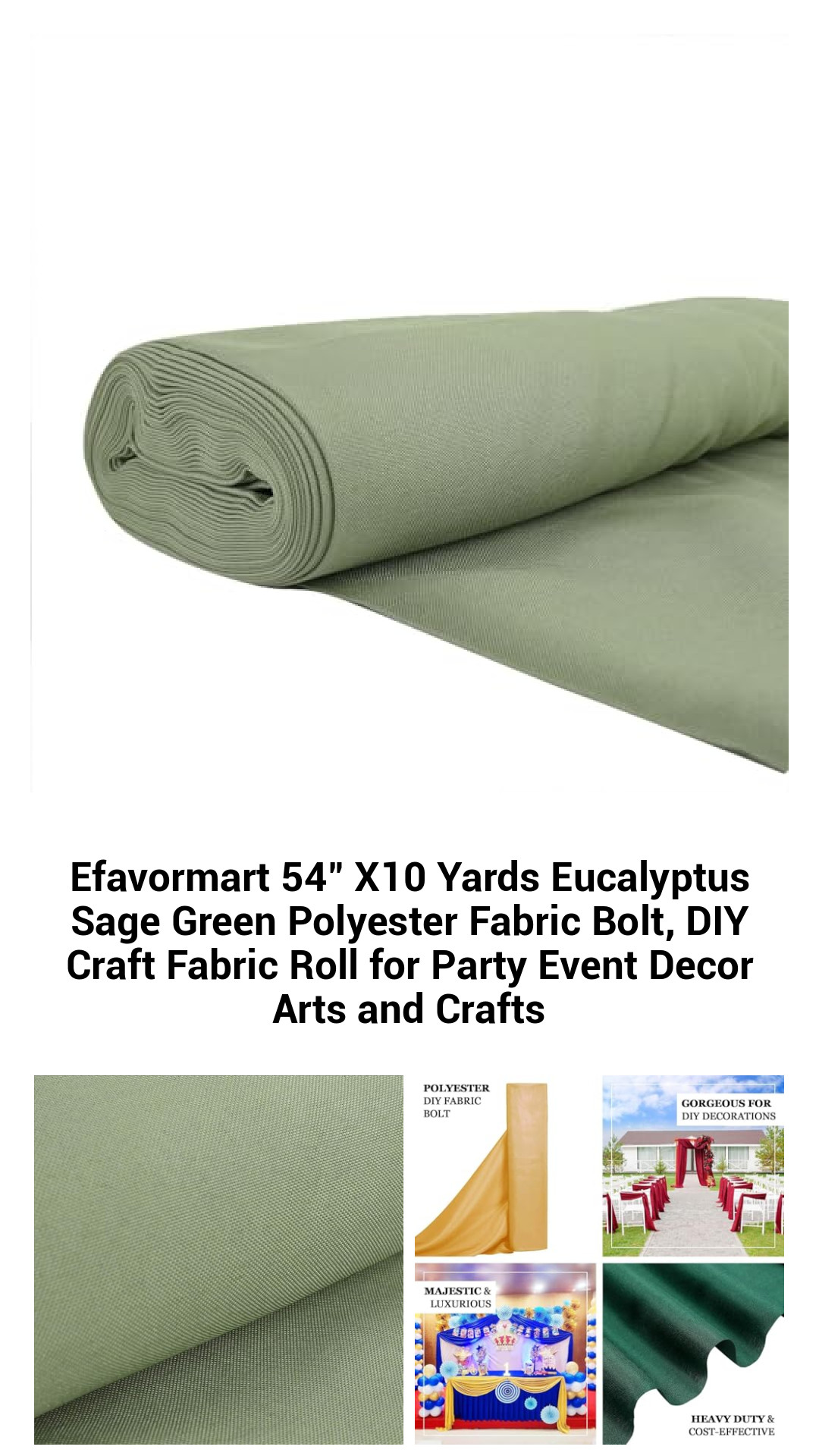 Eucalyptus Sage Green 54" x 10 Yards Premium Polyester Fabric Bolt - Perfect for DIY Crafts, Elegant Event Decor, and Creative Projects