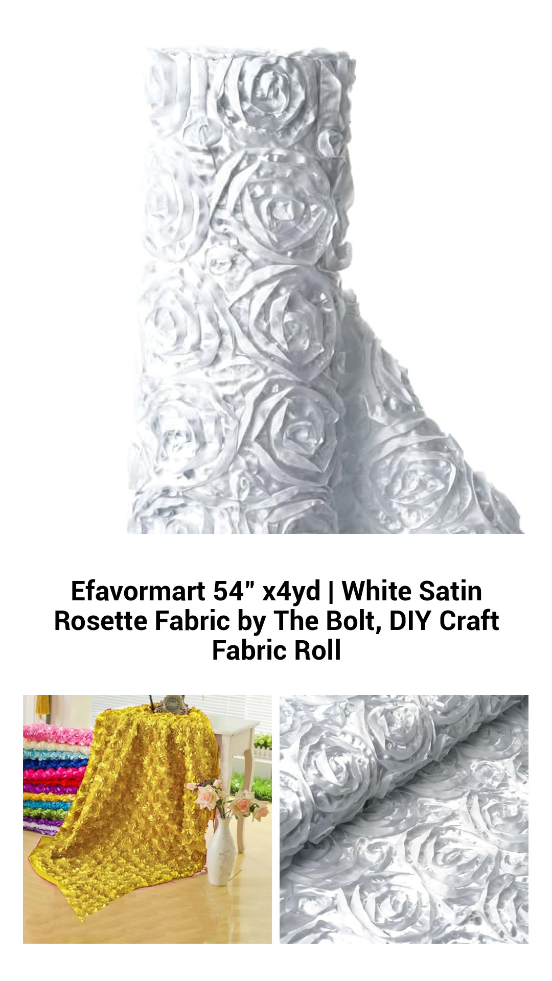 Premium 54-Inch x 4-Yard White Satin Rosette Fabric Roll for Elegant DIY Projects and Event Decor