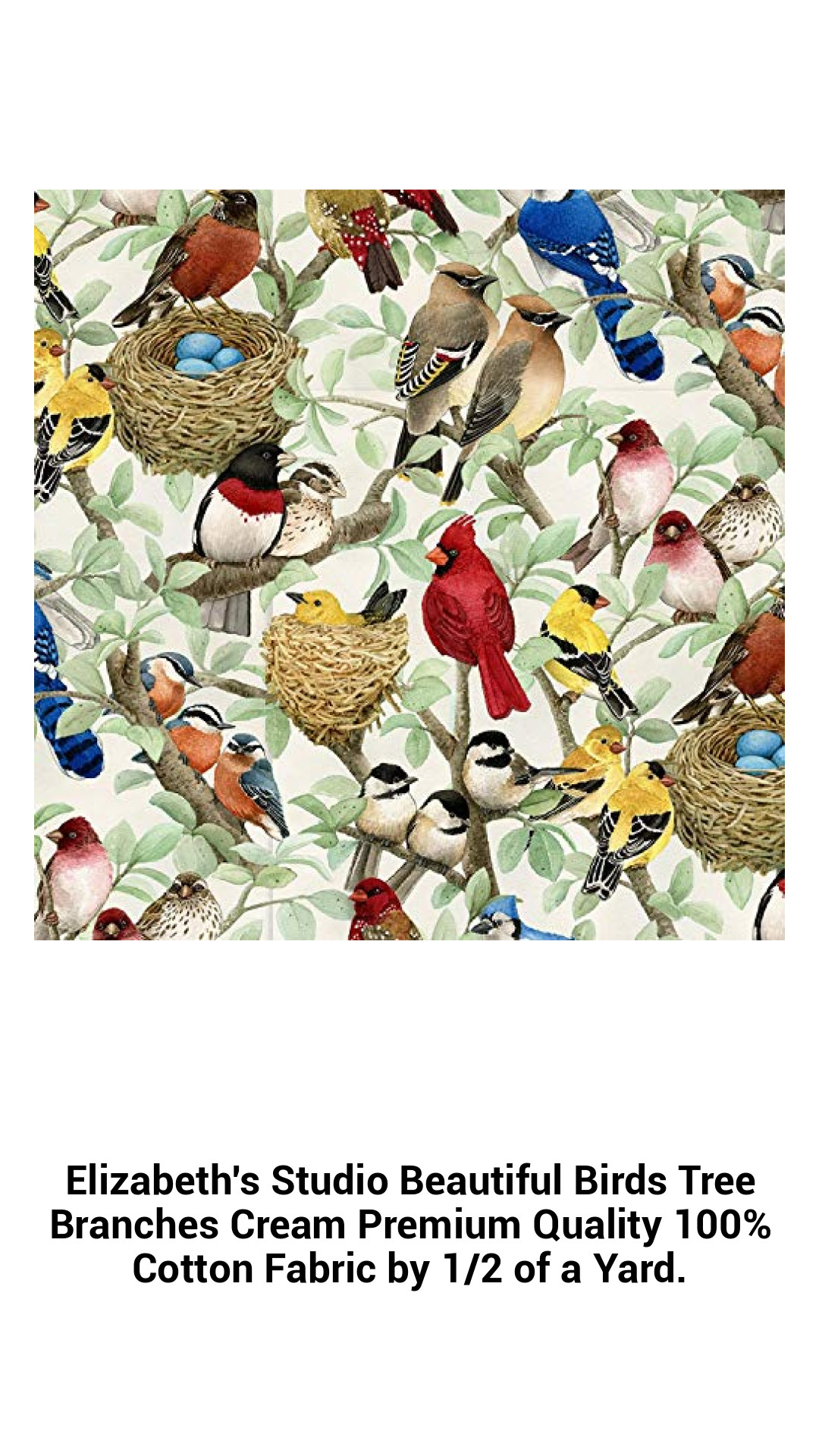 Exquisite Cream Cotton Fabric Featuring Beautiful Birds on Tree Branches - Premium Quality, 100% Cotton, Sold by 1/2 Yard