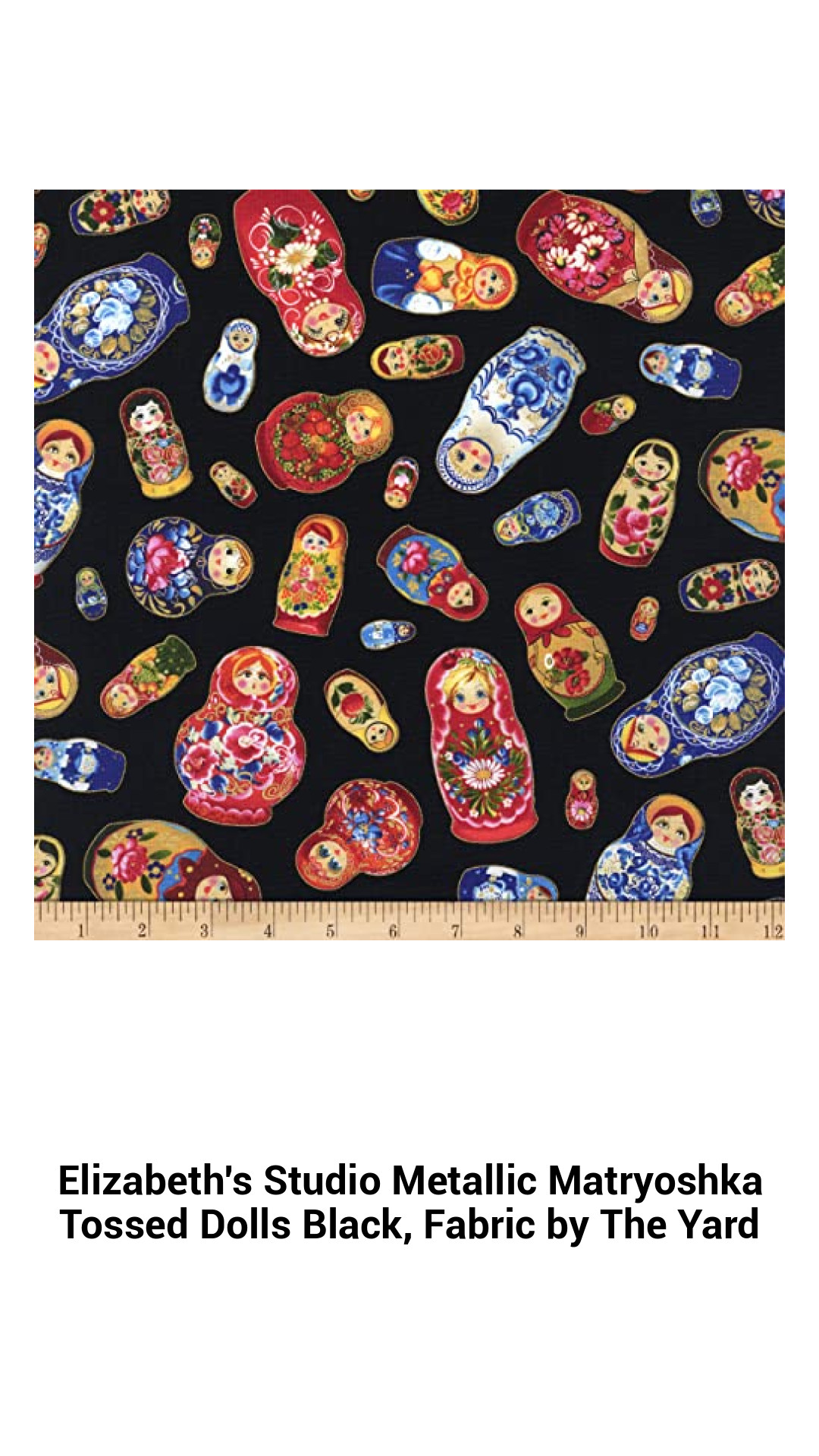 Enchanting Metallic Matryoshka Doll Fabric by the Yard - Stunning Black Cotton for Quilting and Crafting
