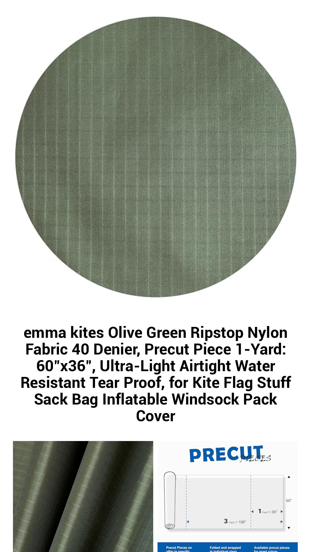 Premium Olive Green 40D Ripstop Nylon Fabric - 1 Yard Precut, Ultra-Light, Water-Resistant & Tear-Proof for Kites, Flags, Inflatables, and More