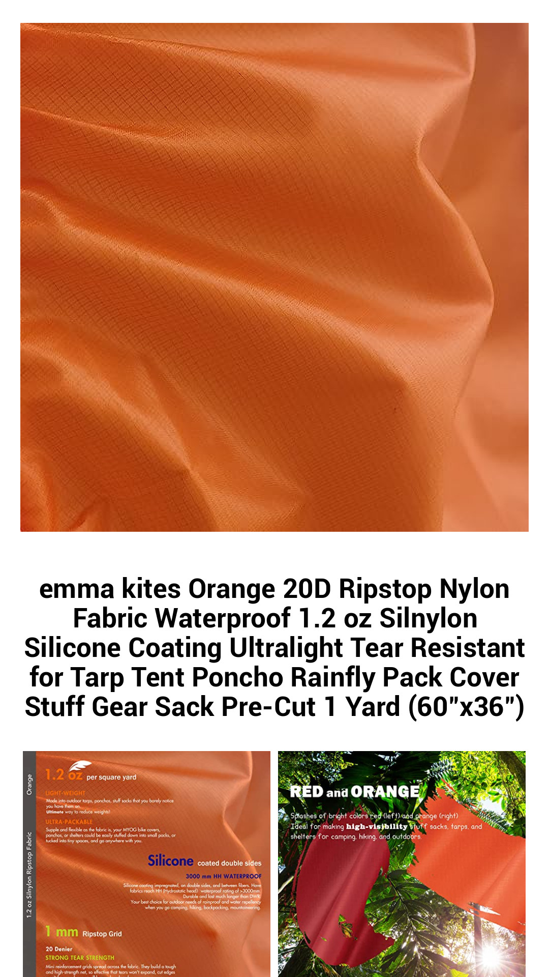 Ultralight Orange 20D Ripstop Nylon Fabric - 1.2 oz Waterproof Silnylon with Silicone Coating for Tents, Tarps, and Outdoor Gear - Pre-Cut 1 Yard