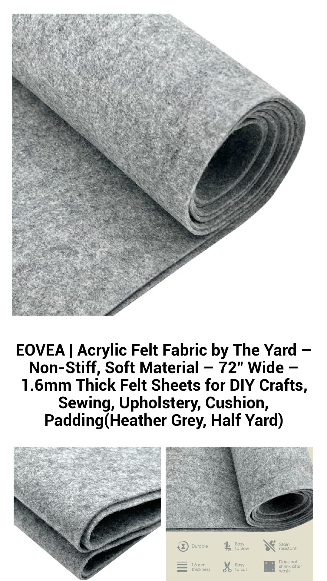 EOVEA Premium Acrylic Felt Fabric – Soft, Durable Craft Sheets – 72" Wide, 1.6mm Thick – Perfect for DIY Projects, Sewing, Upholstery, and Home Decor (Heather Grey, Half Yard)