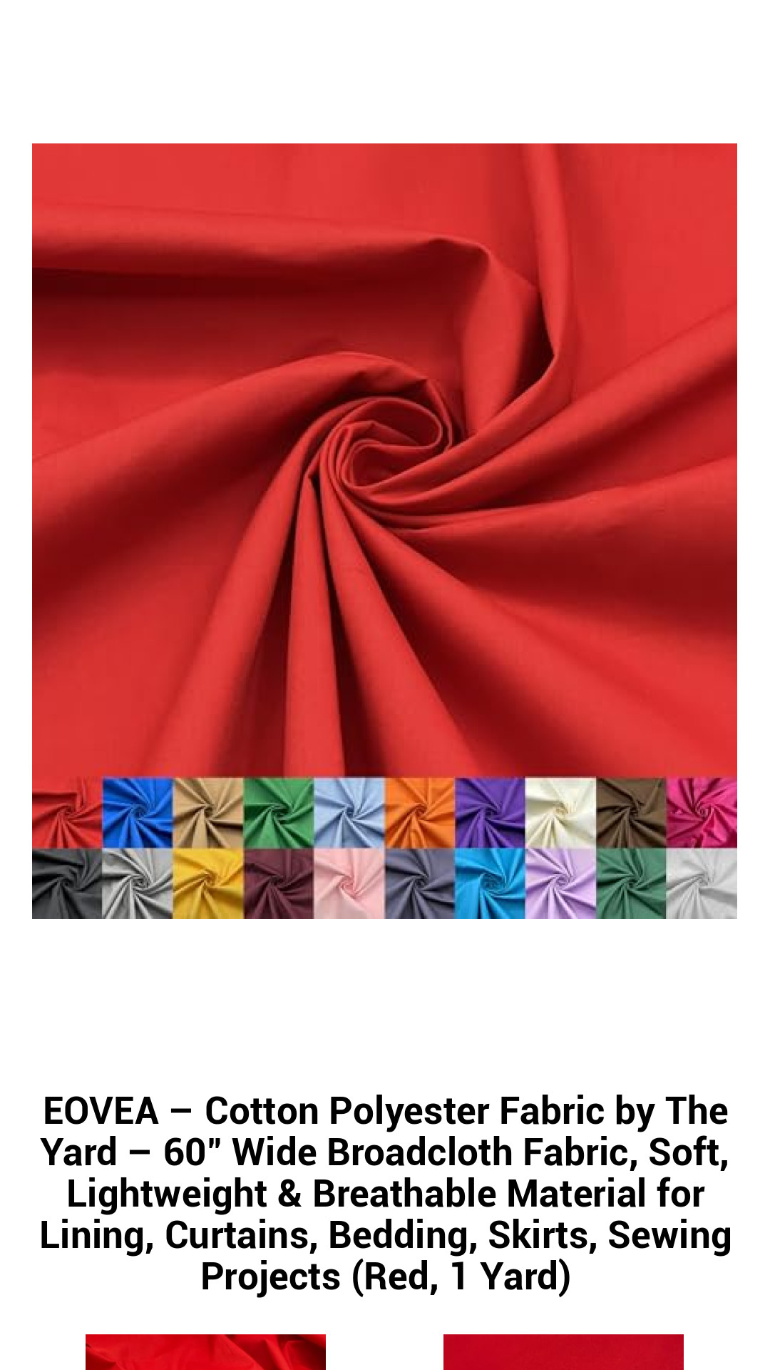 EOVEA Cotton-Polyester Broadcloth Fabric – 60" Wide, Soft, Lightweight & Breathable for Stylish Sewing Projects, Curtains, Bedding & More (Red, 1 Yard)