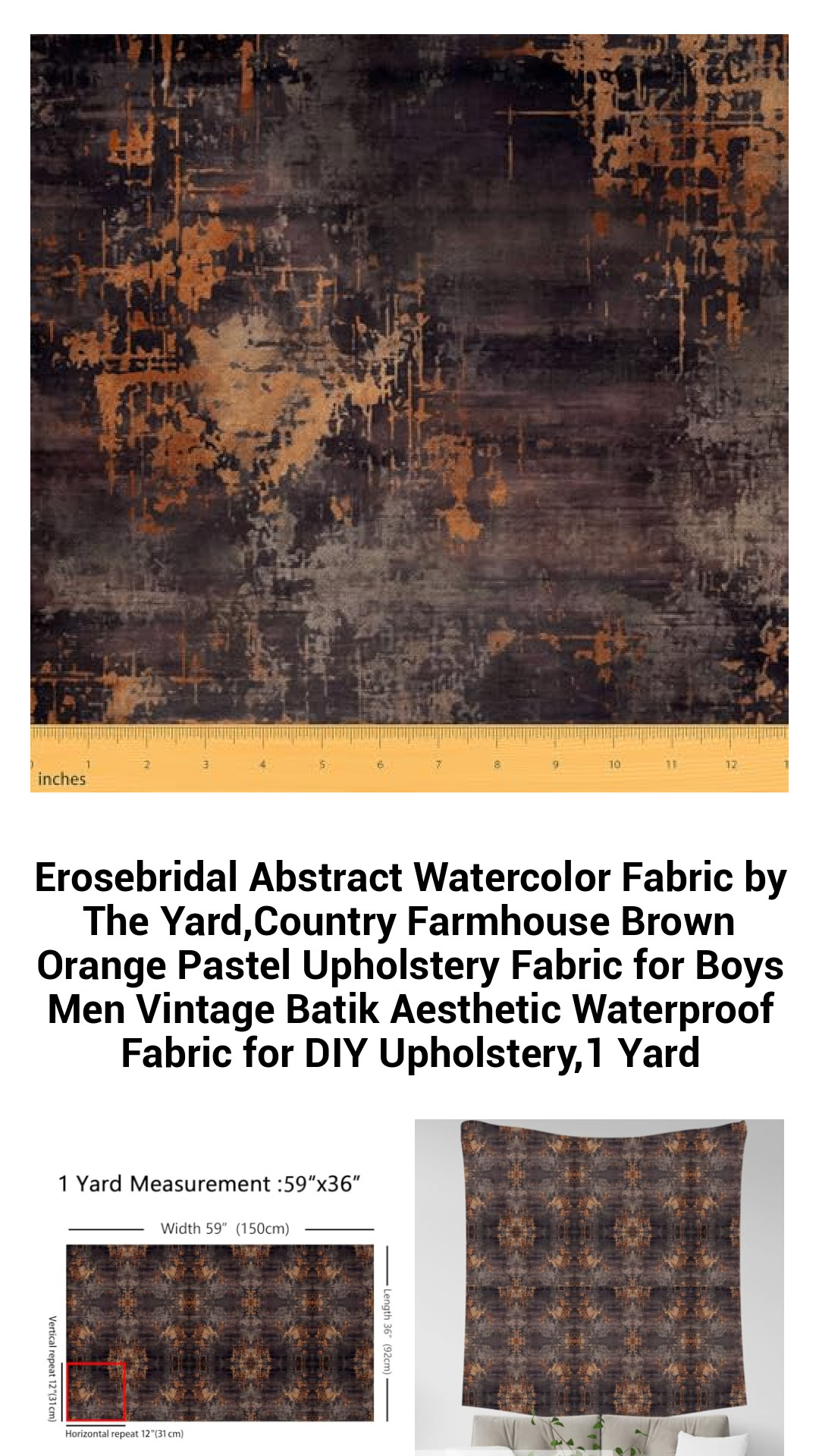 Premium Abstract Watercolor Upholstery Fabric by The Yard - Vintage Batik Aesthetic in Earthy Brown and Orange - Waterproof, Versatile Material for DIY Projects and Home Decor