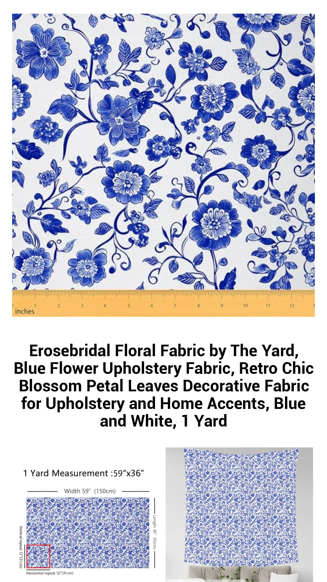 Erosebridal Blue Floral Upholstery Fabric by The Yard - Retro Chic Petal Design for Stylish Home Accents and DIY Creations