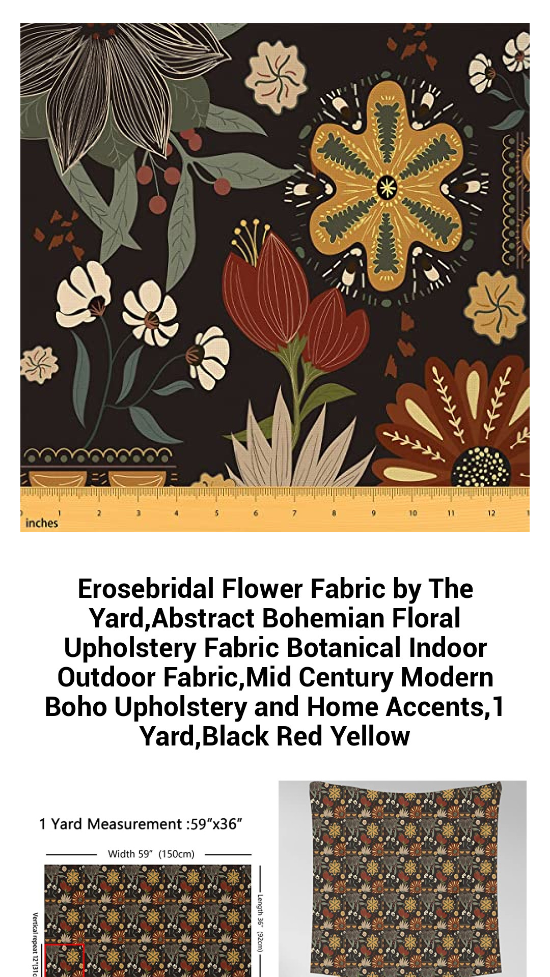 Erosebridal Flower Fabric by The Yard,Abstract Bohemian Floral Upholstery Fabric Botanical Indoor Outdoor Fabric,Mid Century Modern Boho Upholstery and Home Accents,1 Yard,Black Red Yellow Erosebridal Flower Fabric by The Yard,Abstract Bohemian Floral Upholstery Fabric Botanical Indoor Outdoor Fabric,Mid Century Modern Boho Upholstery and Home Accents,1 Yard,Black Red Yellow