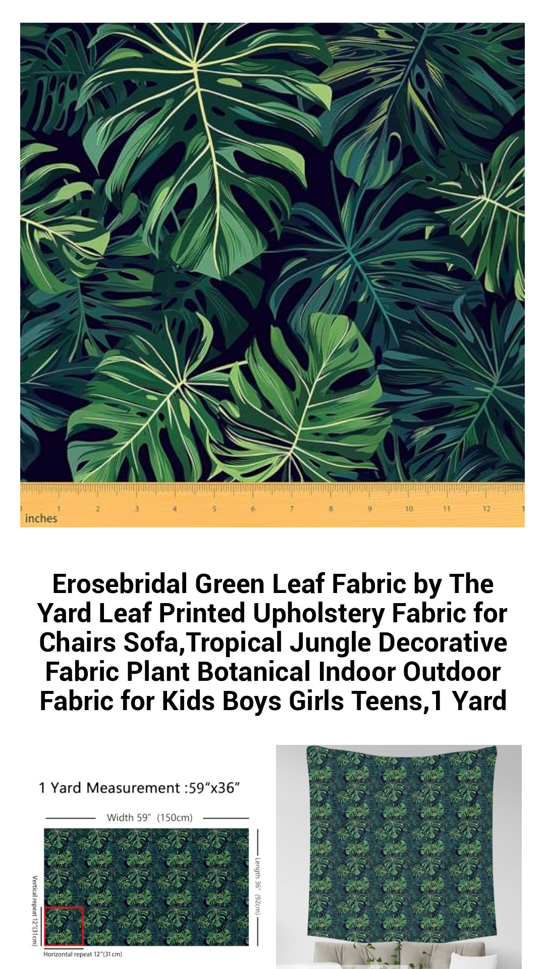 Vibrant Green Leaf Upholstery Fabric by The Yard – Tropical Botanical Print Perfect for Chic Sofas, Fun Kids’ Projects, and Stylish Home Decor