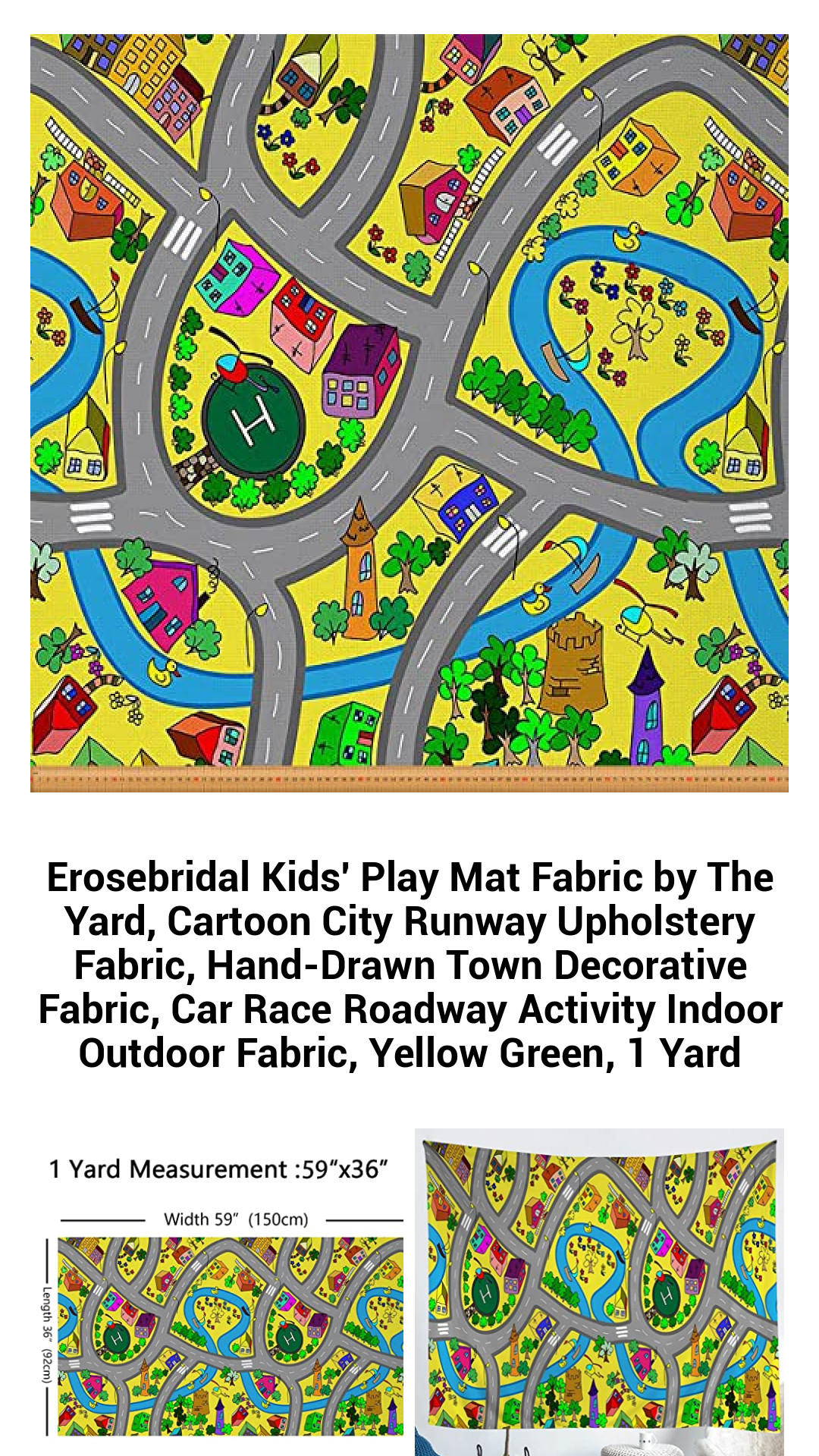 Vibrant Kids' Play Mat Fabric by the Yard - Cartoon City Runway & Raceway Design for Fun Indoor & Outdoor Projects
