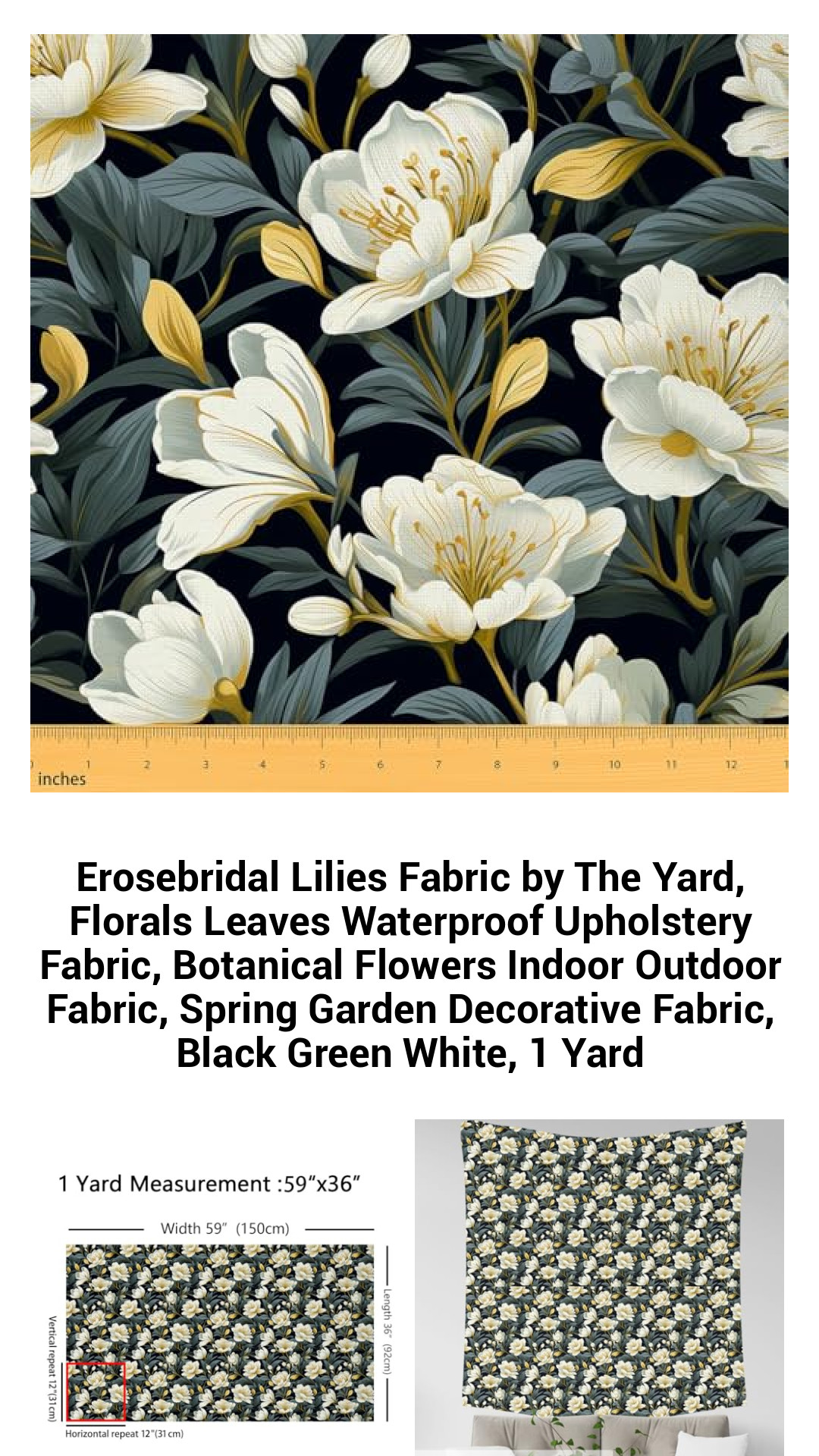 Erosebridal Waterproof Floral Upholstery Fabric – Versatile Botanical Design for Indoor & Outdoor Décor, 1 Yard of Spring-Inspired Black, Green, and White Fabric