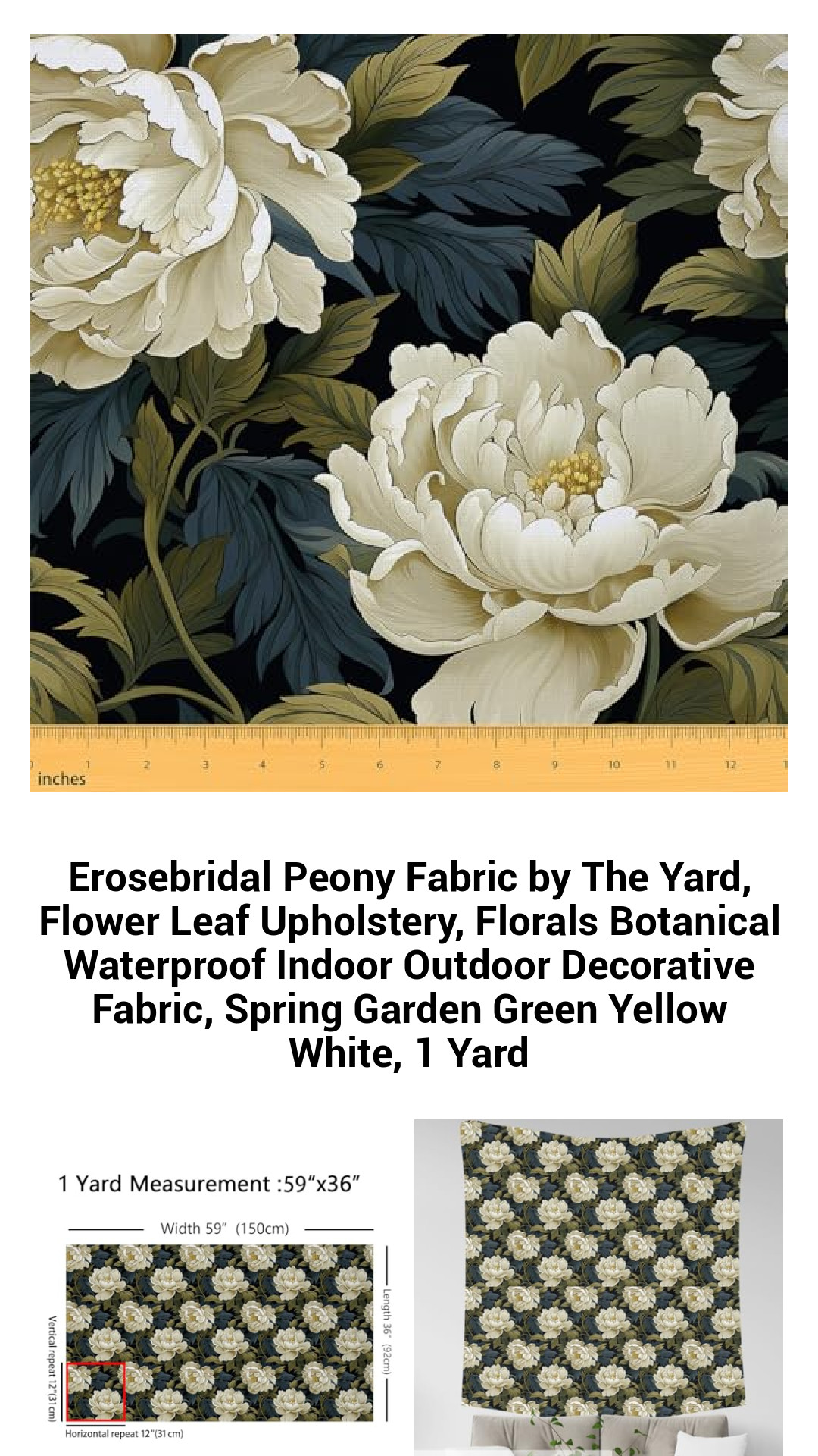 Erosebridal Botanical Peony Fabric by The Yard – Waterproof Floral Upholstery for Indoor & Outdoor Décor, Vibrant Green Yellow White Spring Garden Print