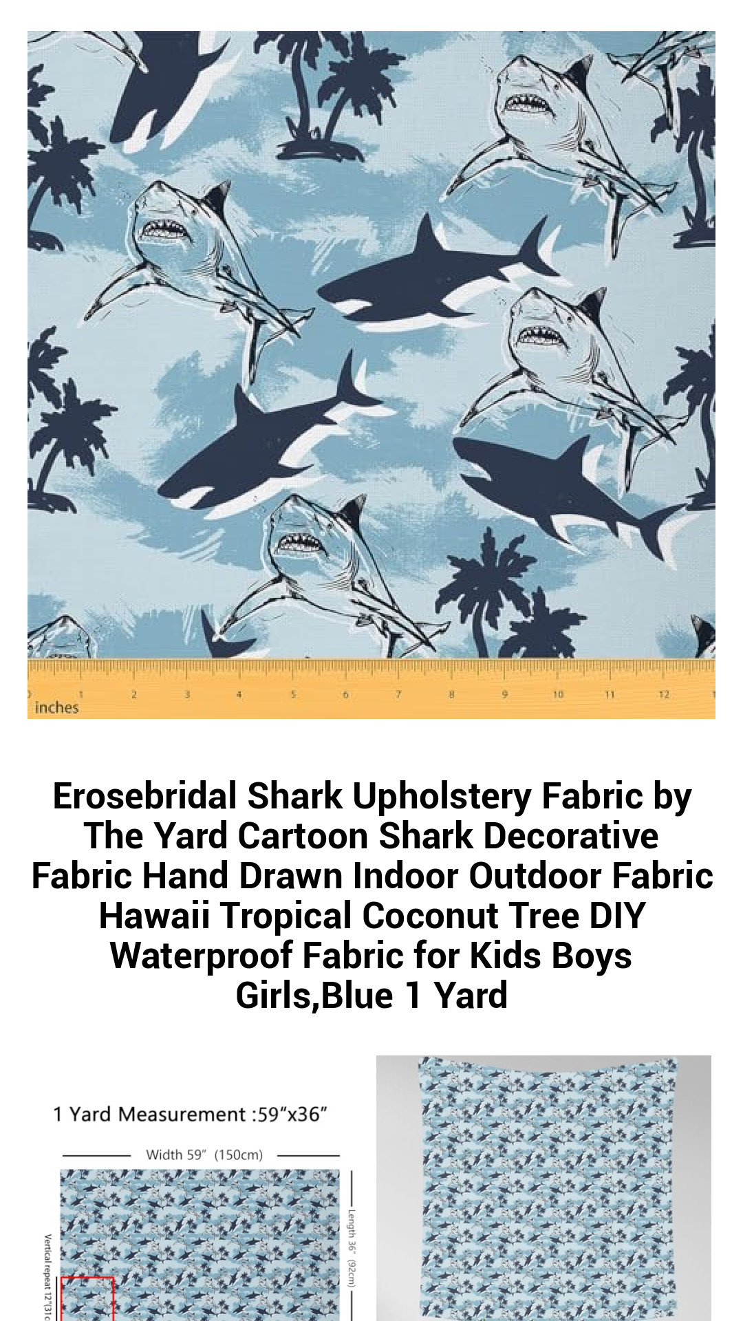 Erosebridal Cartoon Shark Upholstery Fabric - Trendy Waterproof DIY Fabric by the Yard for Kids' Crafts and Home Décor, Tropical Blue Design