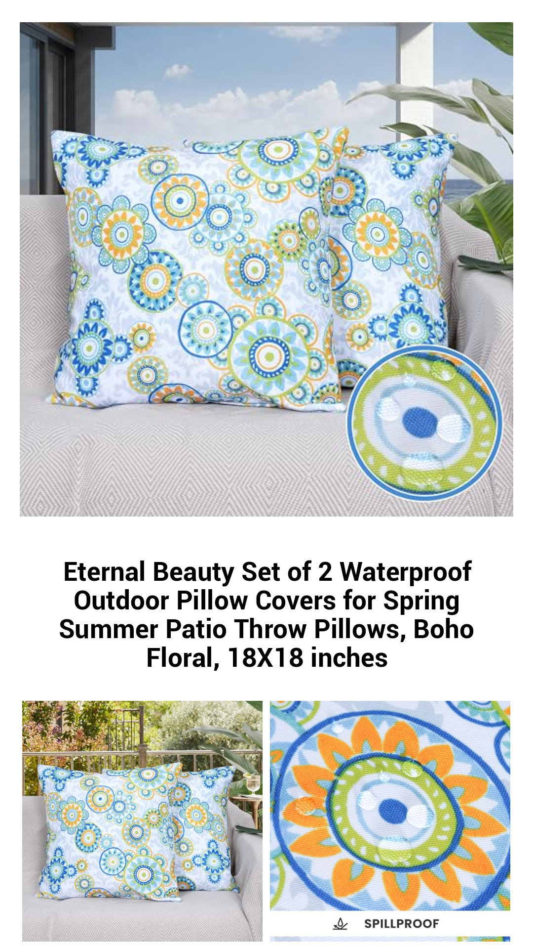 Stylish Waterproof Outdoor Pillow Covers – Set of 2 Boho Floral 18x18 Inch Cushions for Vibrant Spring and Summer Decor