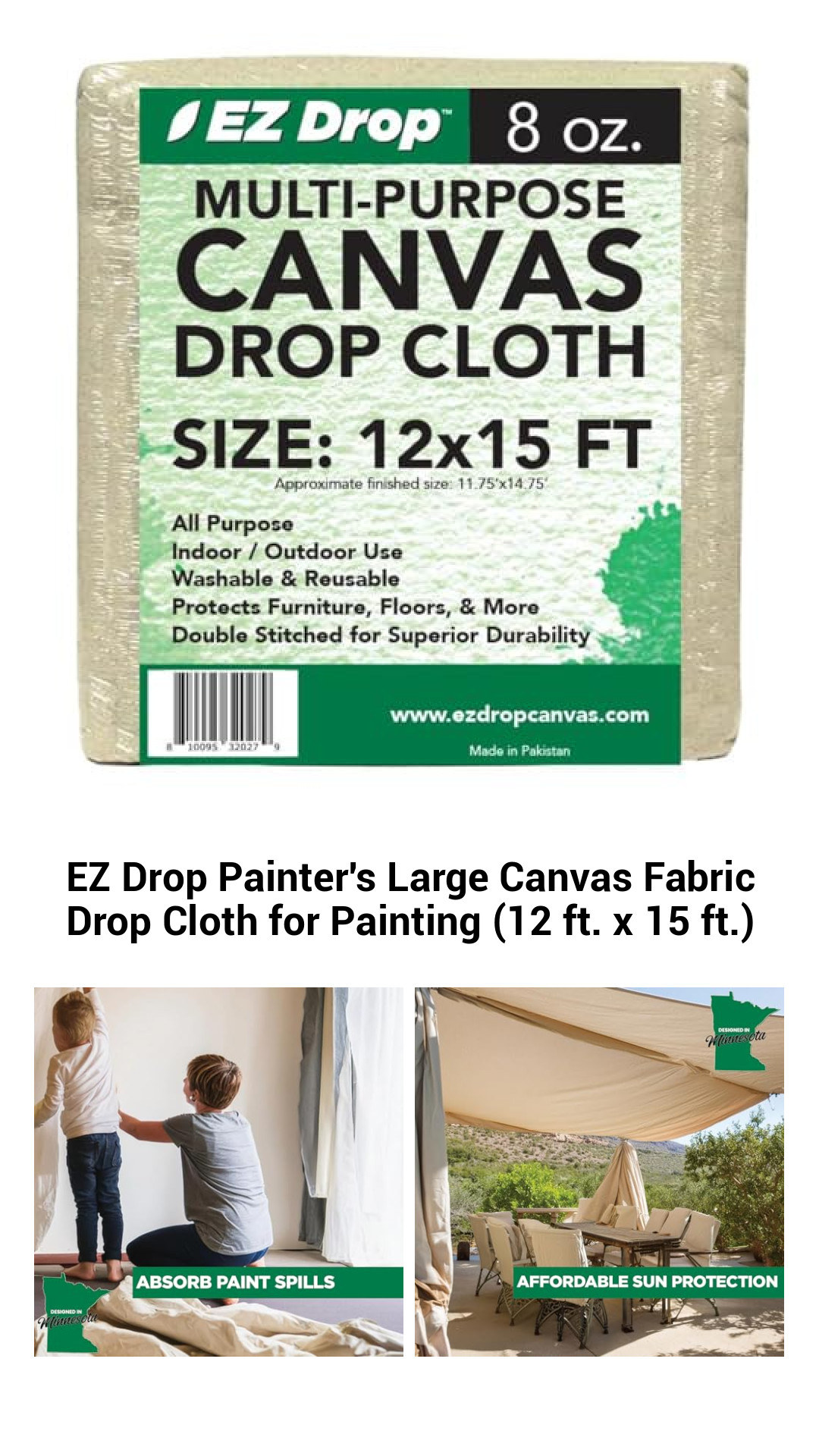 Ultimate EZ Drop Painter's Heavy-Duty Canvas Drop Cloth – 12 ft. x 15 ft. for Flawless Painting and Crafting