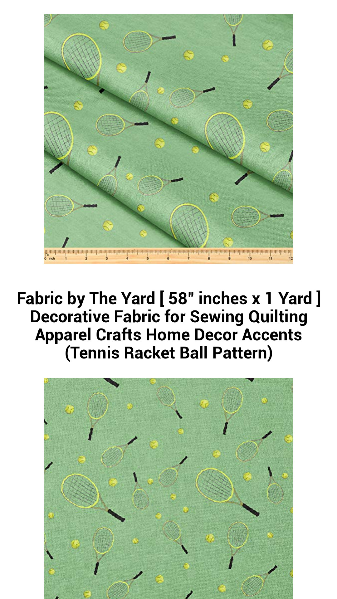 Premium Tennis Racket Ball Pattern Fabric by the Yard - 58 Inches x 1 Yard - Ideal for Quilting, Apparel, Crafts, and Home Decor Accents