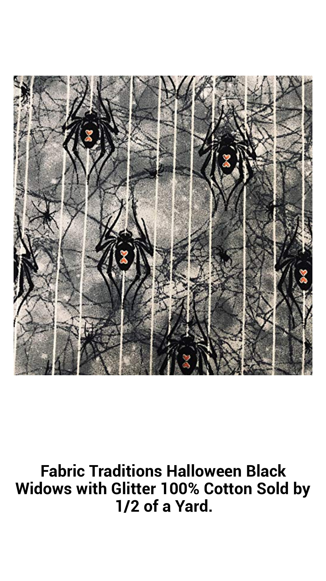 Spooktacular Glittering Black Widow Halloween Fabric - 100% Premium Cotton, Sold in Convenient 1/2 Yard Cuts