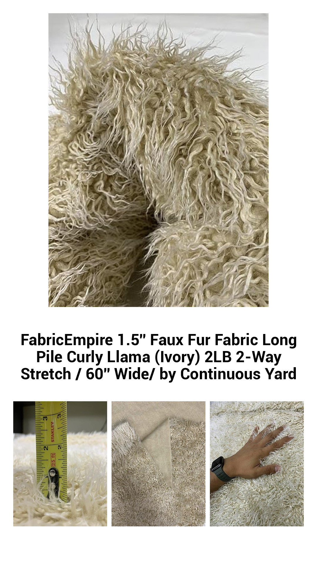 Luxurious Ivory 1.5-Inch Pile Curly Llama Faux Fur Fabric - 2-Way Stretch, 60-Inch Wide, Sold by Continuous Yard