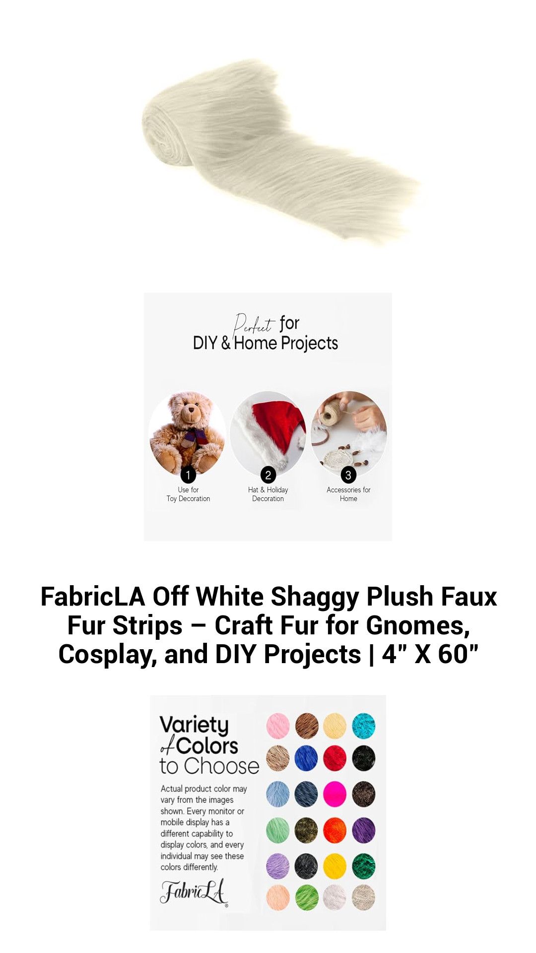Luxe Off-White Shaggy Plush Faux Fur Strips – Perfect Craft Fur for Gnomes, Cosplay, and DIY Creations | 4" x 60"