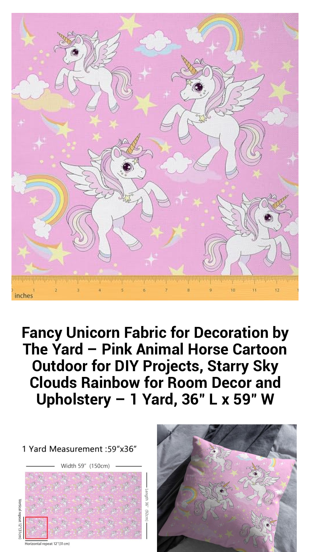 Whimsical Unicorn Fabric by the Yard – Colorful Pink Cartoon Design with Starry Skies and Rainbows for DIY Projects and Home Décor