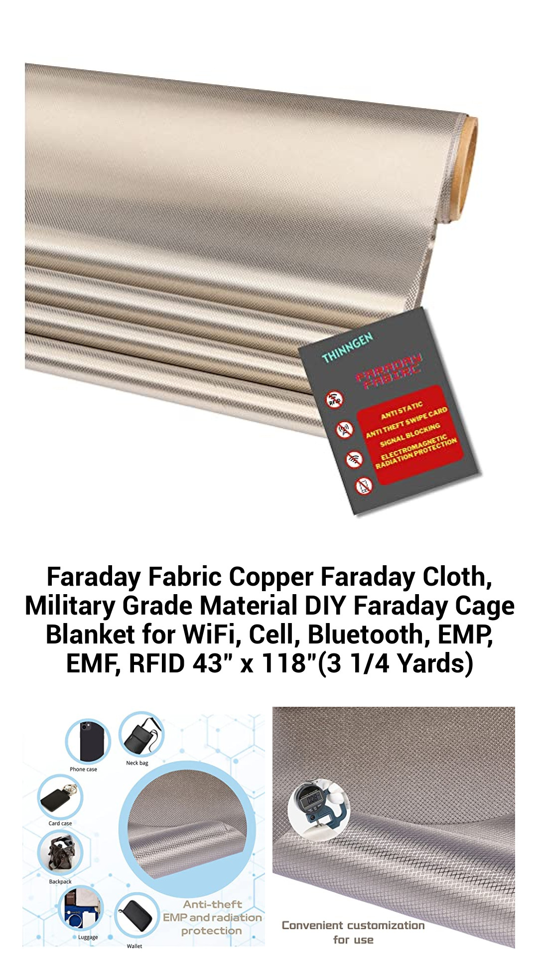 Premium Copper Faraday Cloth Shielding Fabric for DIY EMF Protection and Radiation Defense – 43" x 118" Military-Grade Material for WiFi, Cell, Bluetooth & RFID