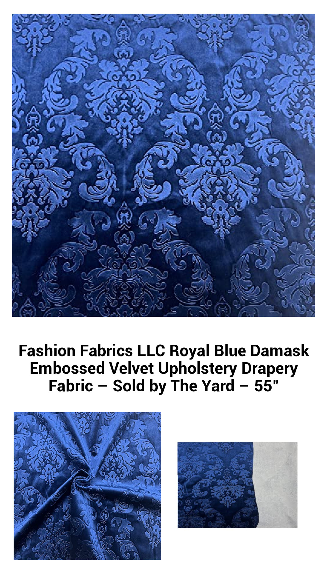 Luxe Royal Blue Damask Embossed Velvet Fabric for Elegant Upholstery and Drapery – Sold by the Yard – 55" Width