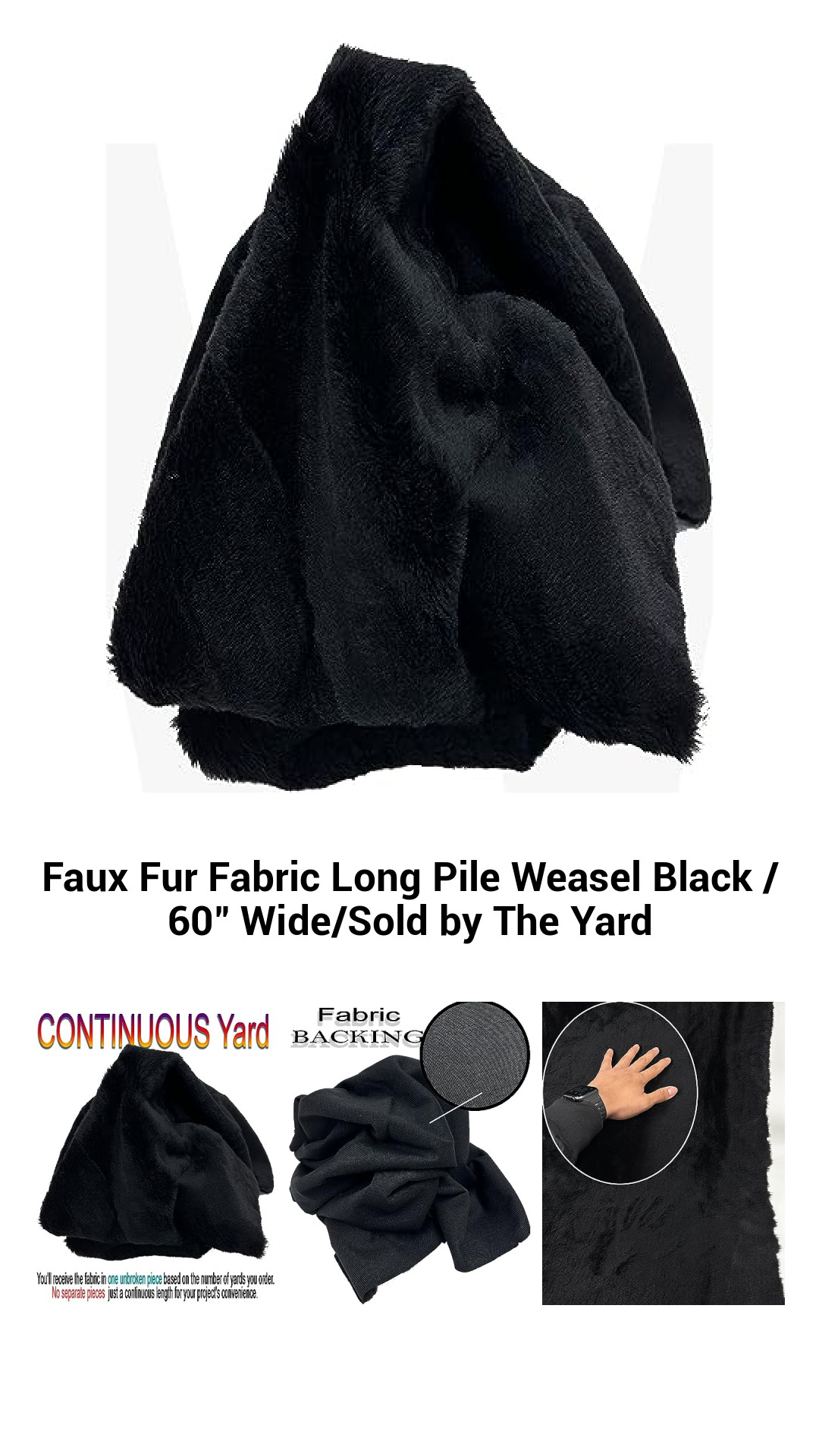Faux Fur Fabric Long Pile Weasel Black / 60" Wide/Sold by The Yard Faux Fur Fabric Long Pile Weasel Black / 60" Wide/Sold by The Yard