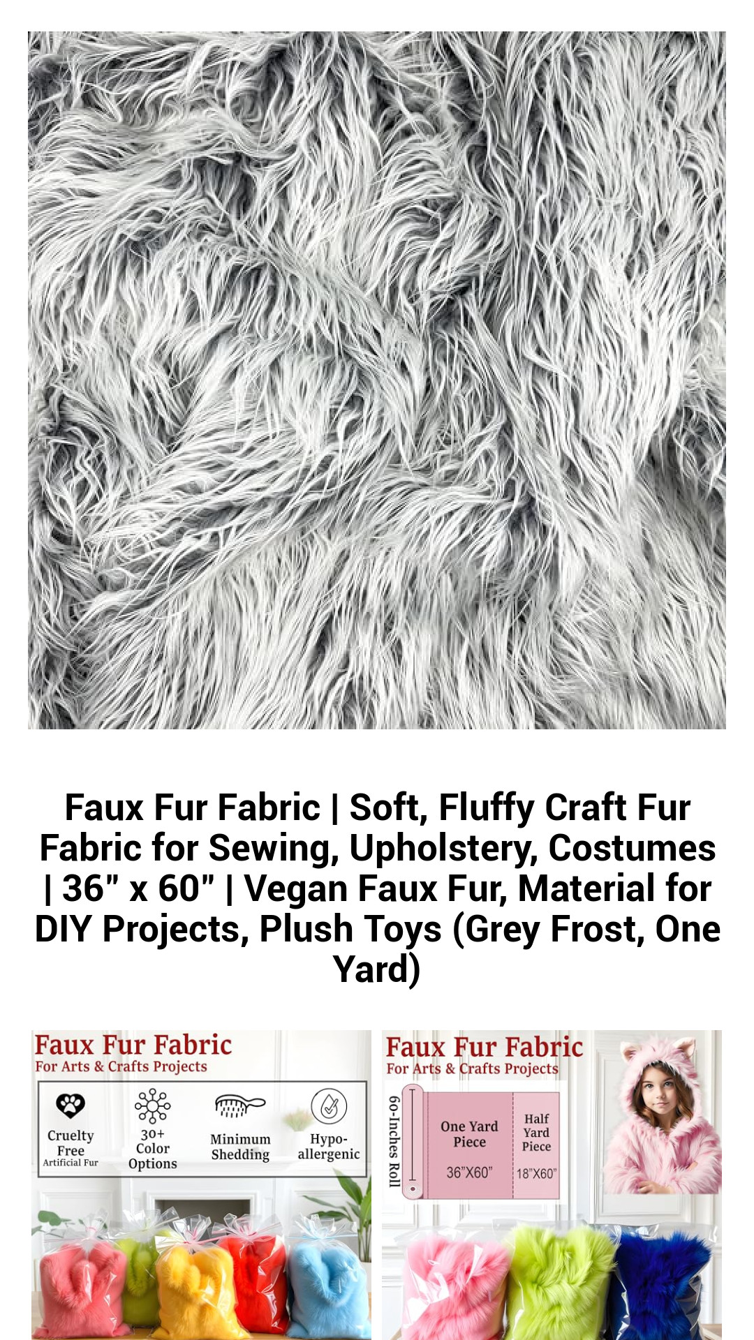 Luxurious Vegan Faux Fur Fabric | Soft & Fluffy Crafting Material for Sewing, Upholstery, Costumes | 36" x 60" in Grey Frost | Perfect for DIY Projects & Plush Toys