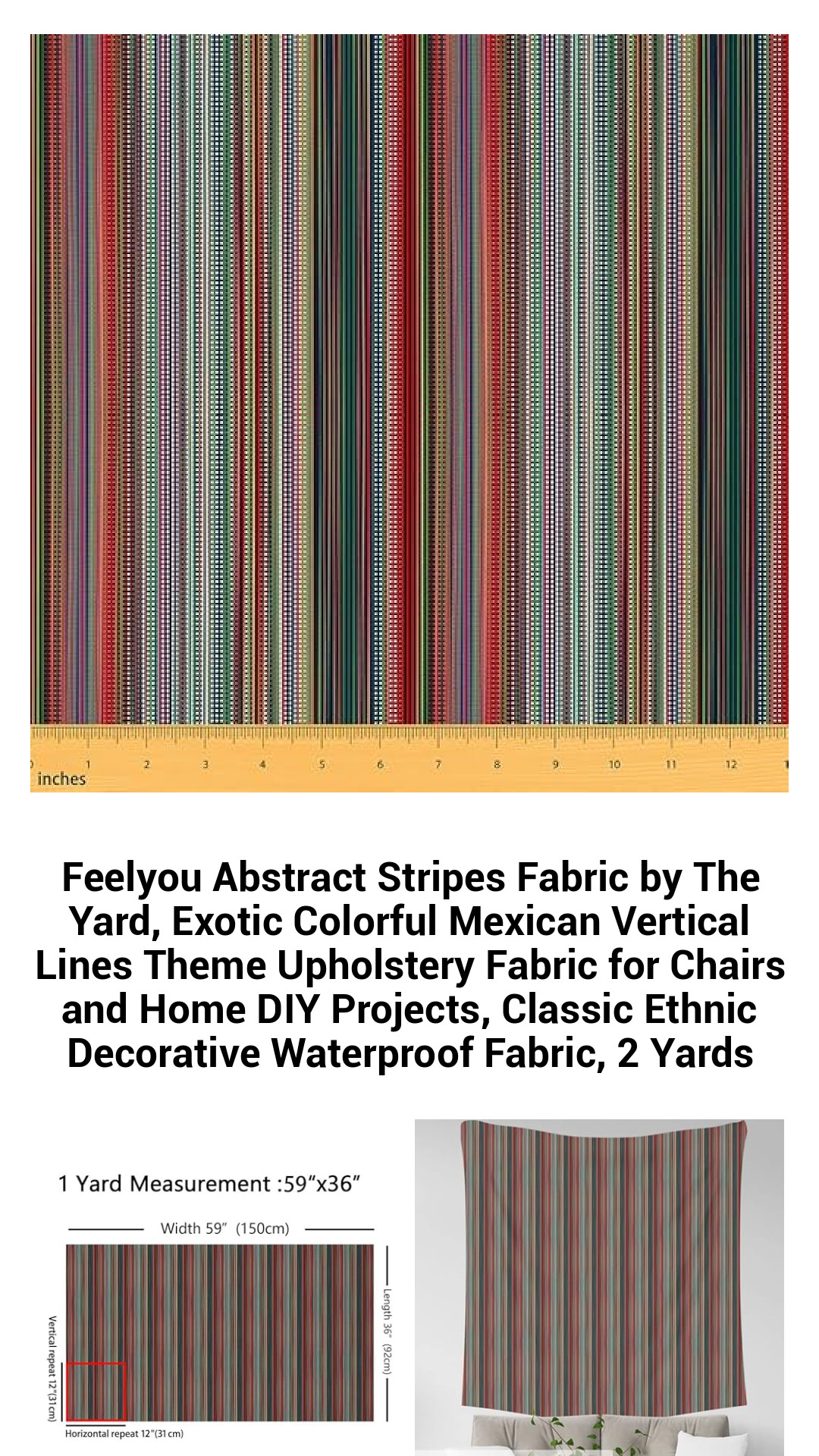 Feelyou Abstract Stripes Fabric by The Yard, Exotic Colorful Mexican Vertical Lines Theme Upholstery Fabric for Chairs and Home DIY Projects, Classic Ethnic Decorative Waterproof Fabric, 2 Yards Feelyou Abstract Stripes Fabric by The Yard, Exotic Colorful Mexican Vertical Lines Theme Upholstery Fabric for Chairs and Home DIY Projects, Classic Ethnic Decorative Waterproof Fabric, 2 Yards