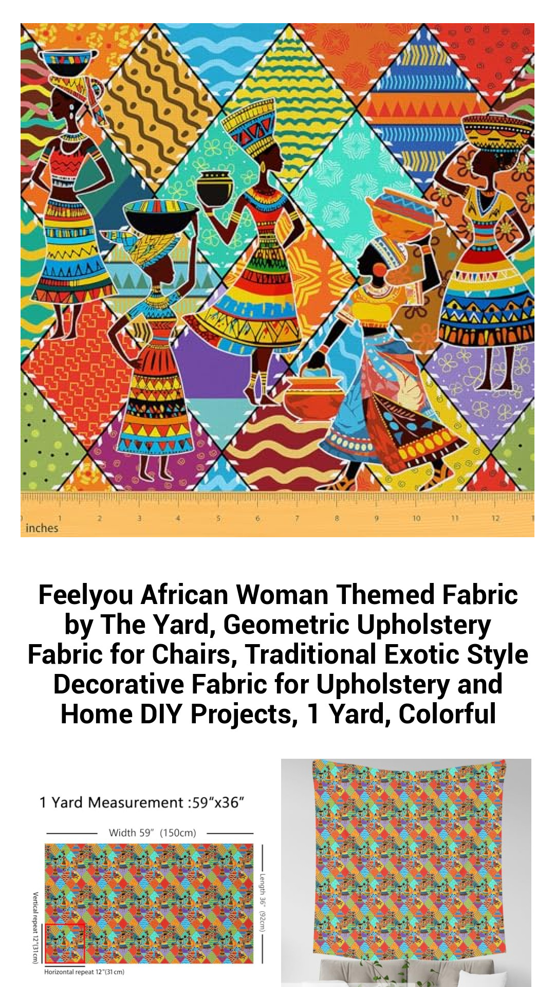 Vibrant African Woman-Themed Upholstery Fabric by the Yard – Colorful Geometric Design for Chic Home Decor and DIY Projects