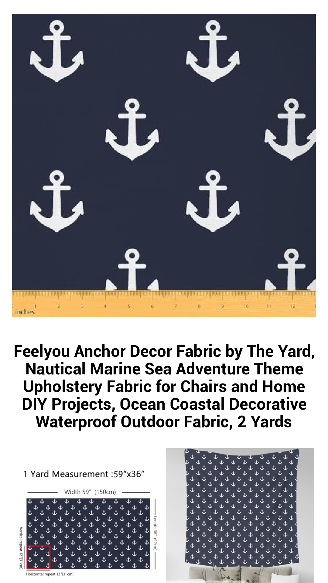 Feelyou Anchor Decor Fabric by The Yard, Nautical Marine Sea Adventure Theme Upholstery Fabric for Chairs and Home DIY Projects, Ocean Coastal Decorative Waterproof Outdoor Fabric, 2 Yards Feelyou Anchor Decor Fabric by The Yard, Nautical Marine Sea Adventure Theme Upholstery Fabric for Chairs and Home DIY Projects, Ocean Coastal Decorative Waterproof Outdoor Fabric, 2 Yards