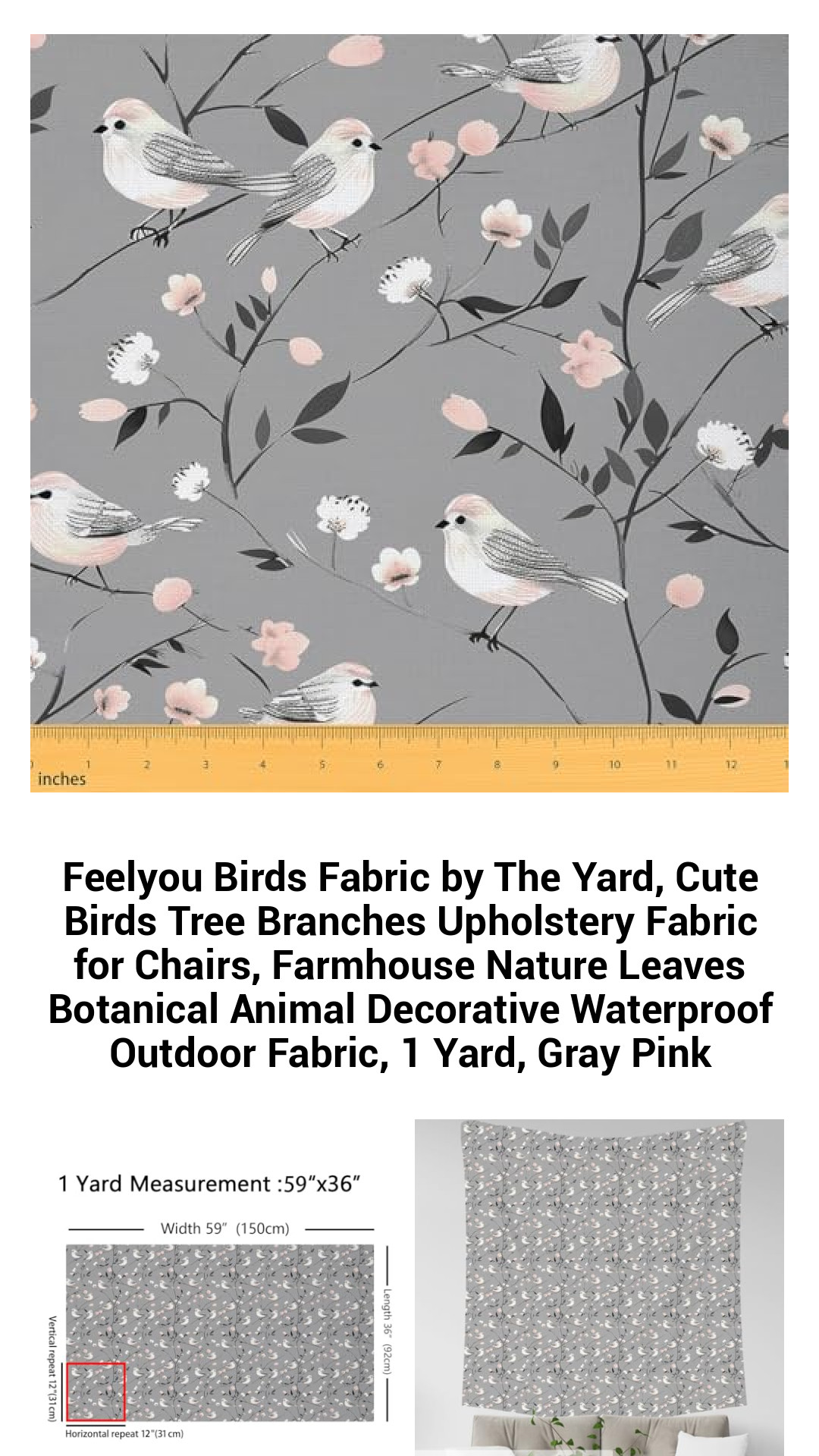 Charming Birds Fabric by The Yard – Stylish Gray-Pink Upholstery for Indoor & Outdoor Decor, Waterproof Botanical Pattern for Chairs, Pillows, and Home Projects