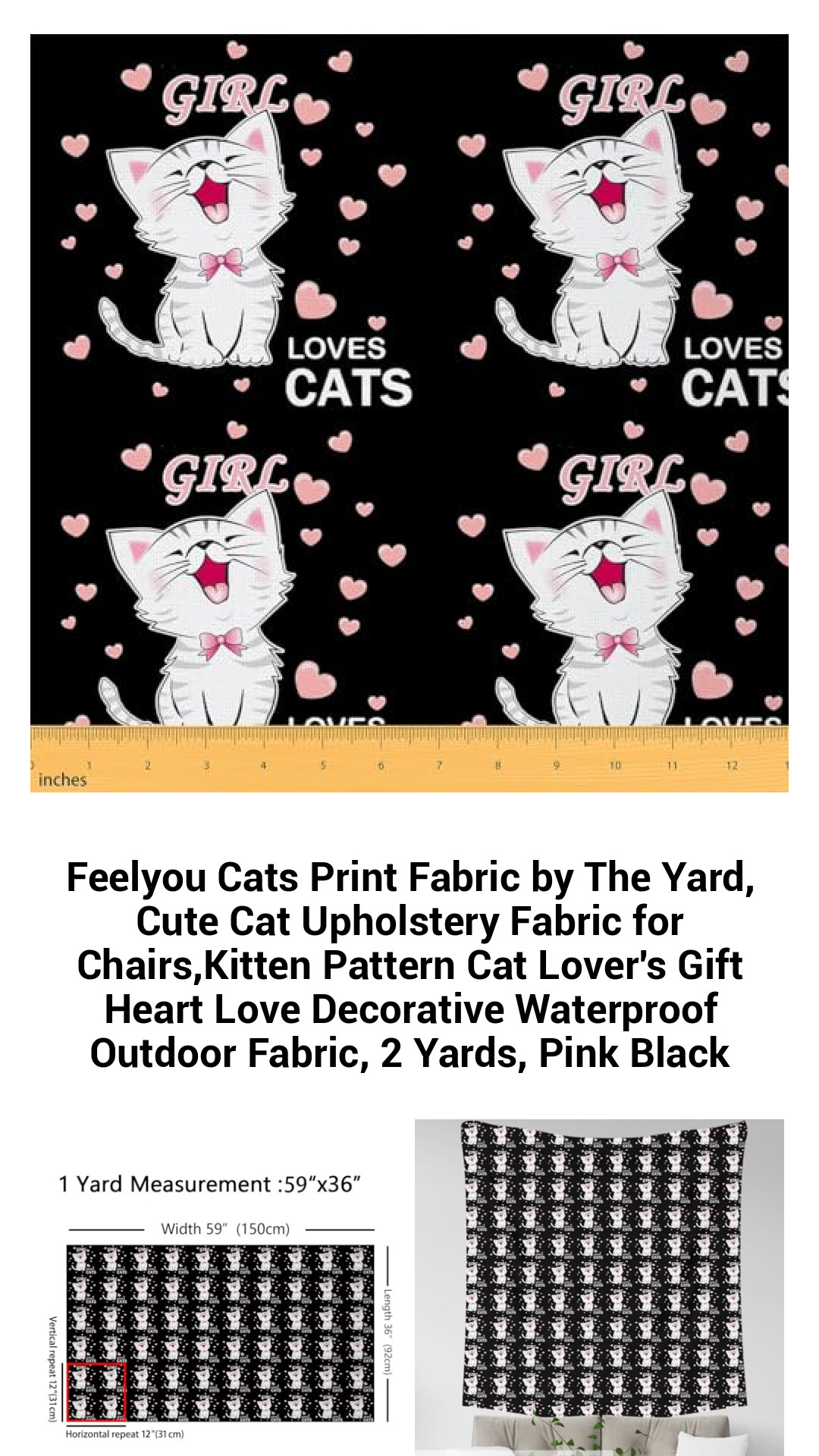 Adorable Cats Print Upholstery Fabric, Waterproof Outdoor Fabric for Cat Lovers, 2 Yards of Charming Kitten Pattern in Pink and Black