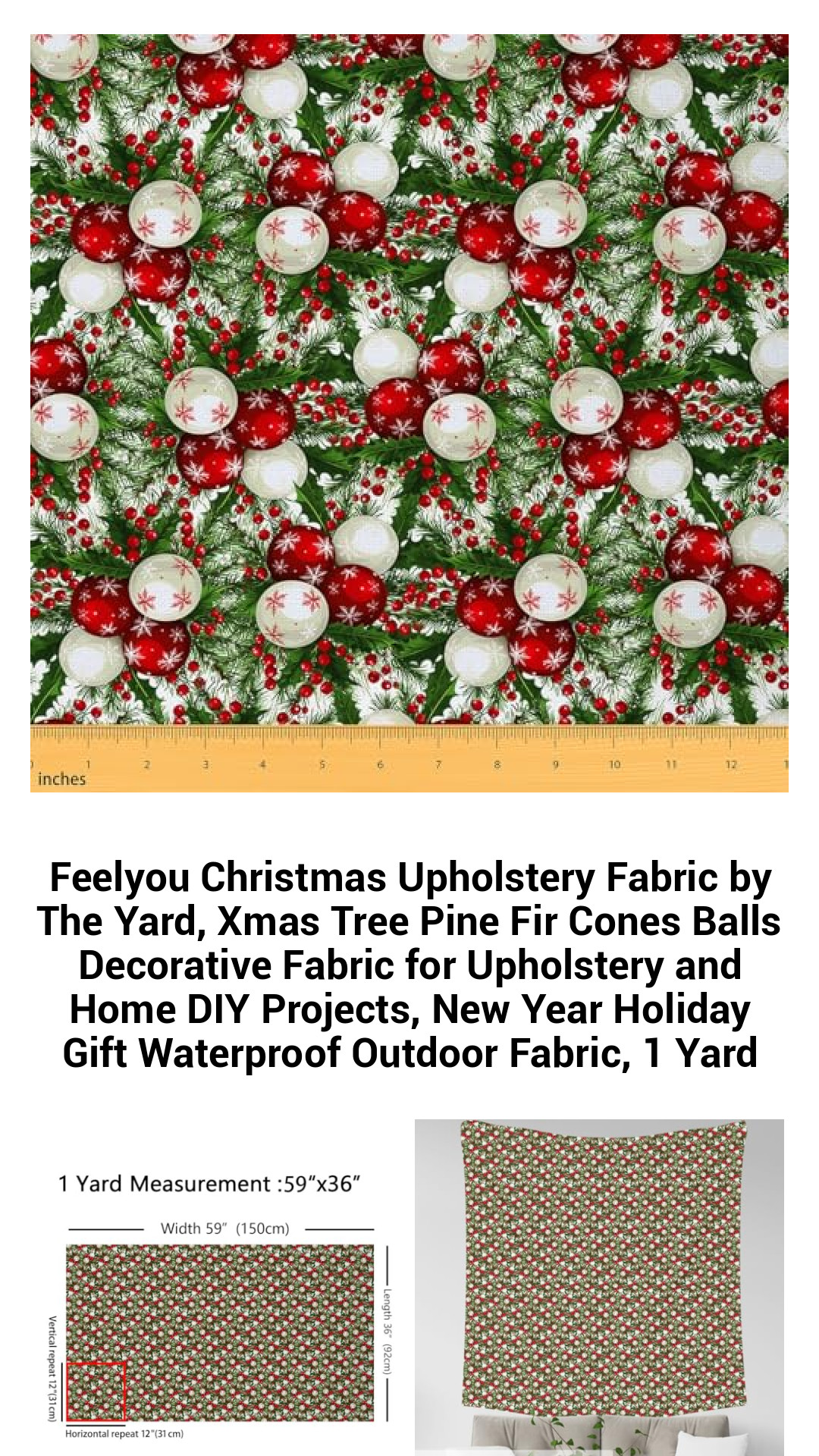 Festive Christmas Upholstery Fabric by the Yard - Vibrant Pine Tree, Fir Cones, and Ornaments Design for Holiday Decor & DIY Projects, Waterproof for Indoor & Outdoor Use