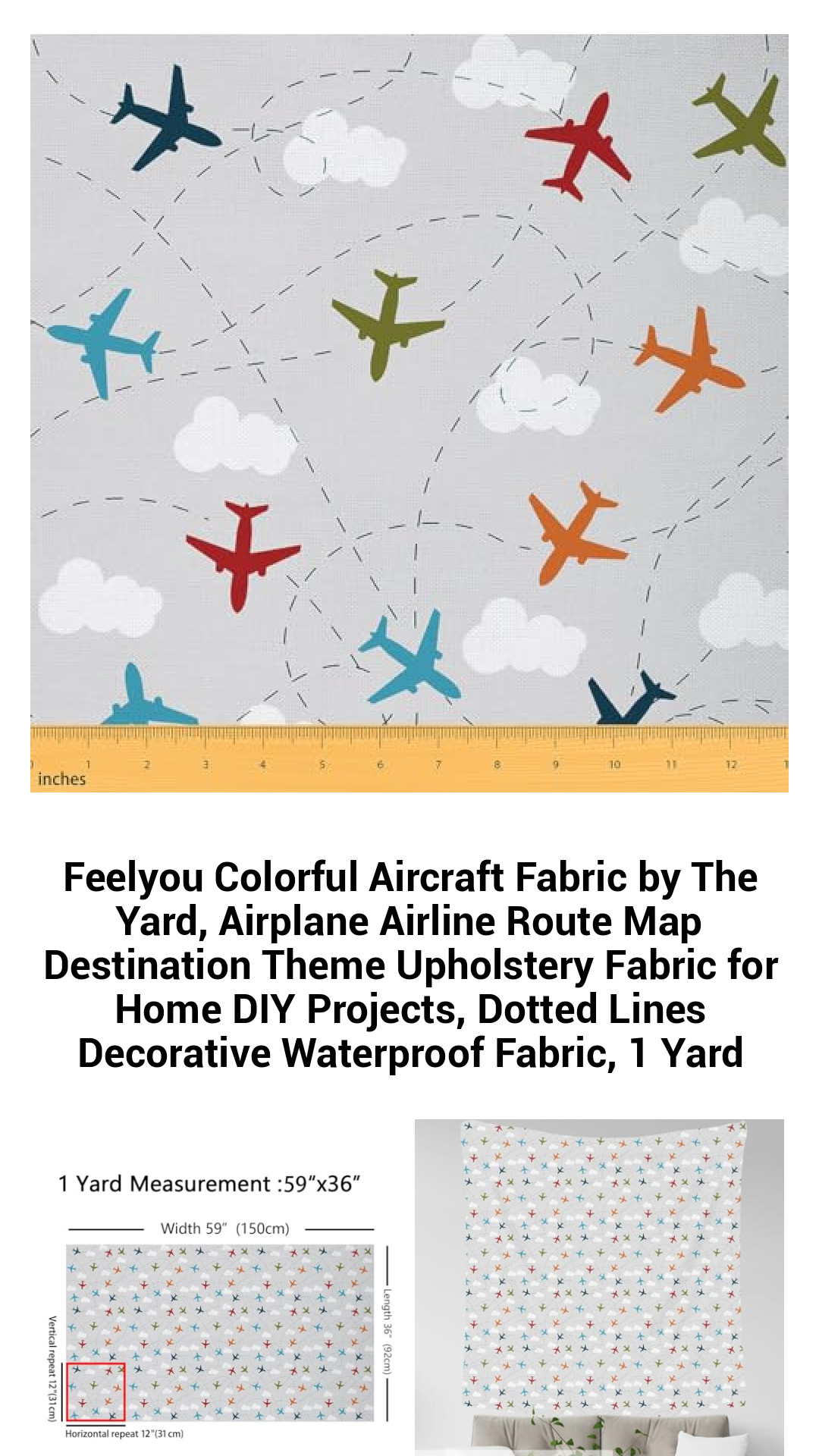 Vibrant Airplane Route Map Fabric by The Yard - Waterproof Decorative Upholstery for Home DIY Projects