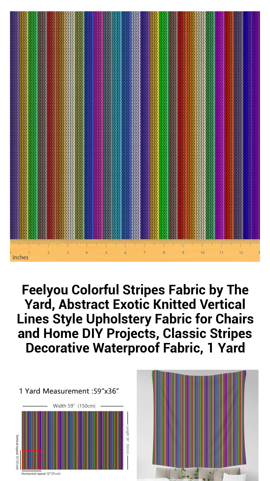 Feelyou Colorful Stripes Fabric by The Yard, Abstract Exotic Knitted Vertical Lines Style Upholstery Fabric for Chairs and Home DIY Projects, Classic Stripes Decorative Waterproof Fabric, 1 Yard Feelyou Colorful Stripes Fabric by The Yard, Abstract Exotic Knitted Vertical Lines Style Upholstery Fabric for Chairs and Home DIY Projects, Classic Stripes Decorative Waterproof Fabric, 1 Yard