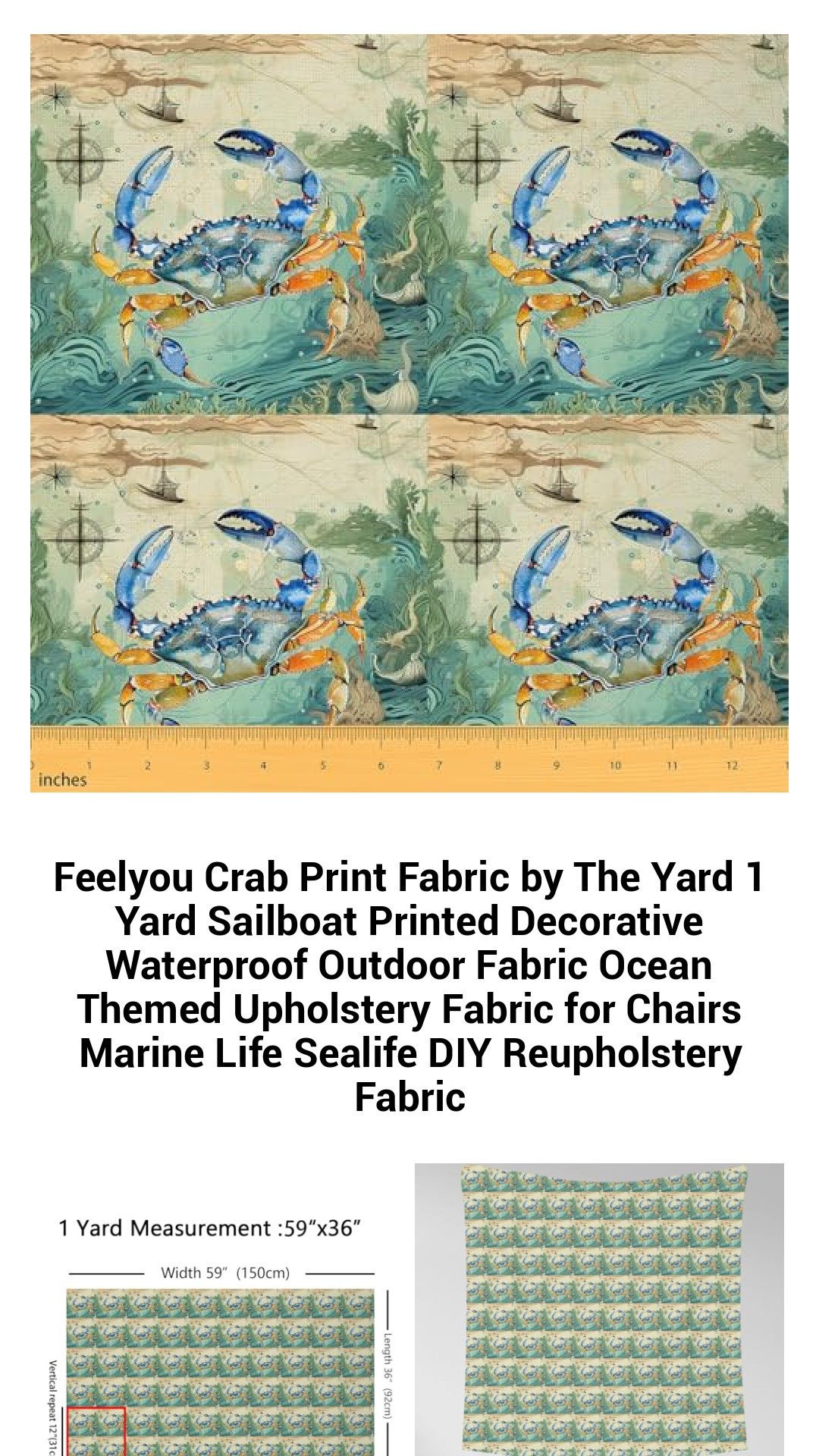 Vibrant Crab Print Outdoor Fabric by The Yard - Waterproof Sailboat-Themed Upholstery Material for DIY Marine Life Projects