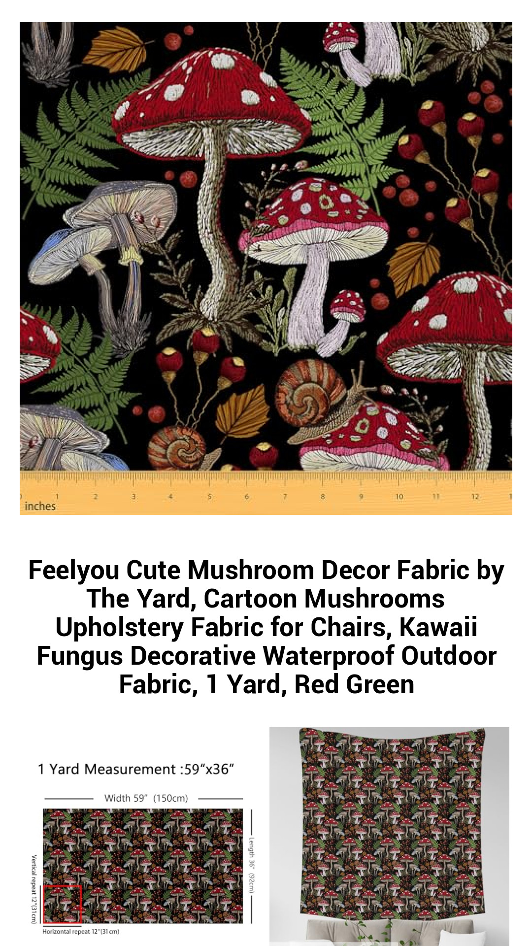 Vibrant Kawaii Mushroom Fabric by The Yard - Waterproof Cartoon Upholstery for Fun Home Decor, Perfect for Indoor and Outdoor Projects