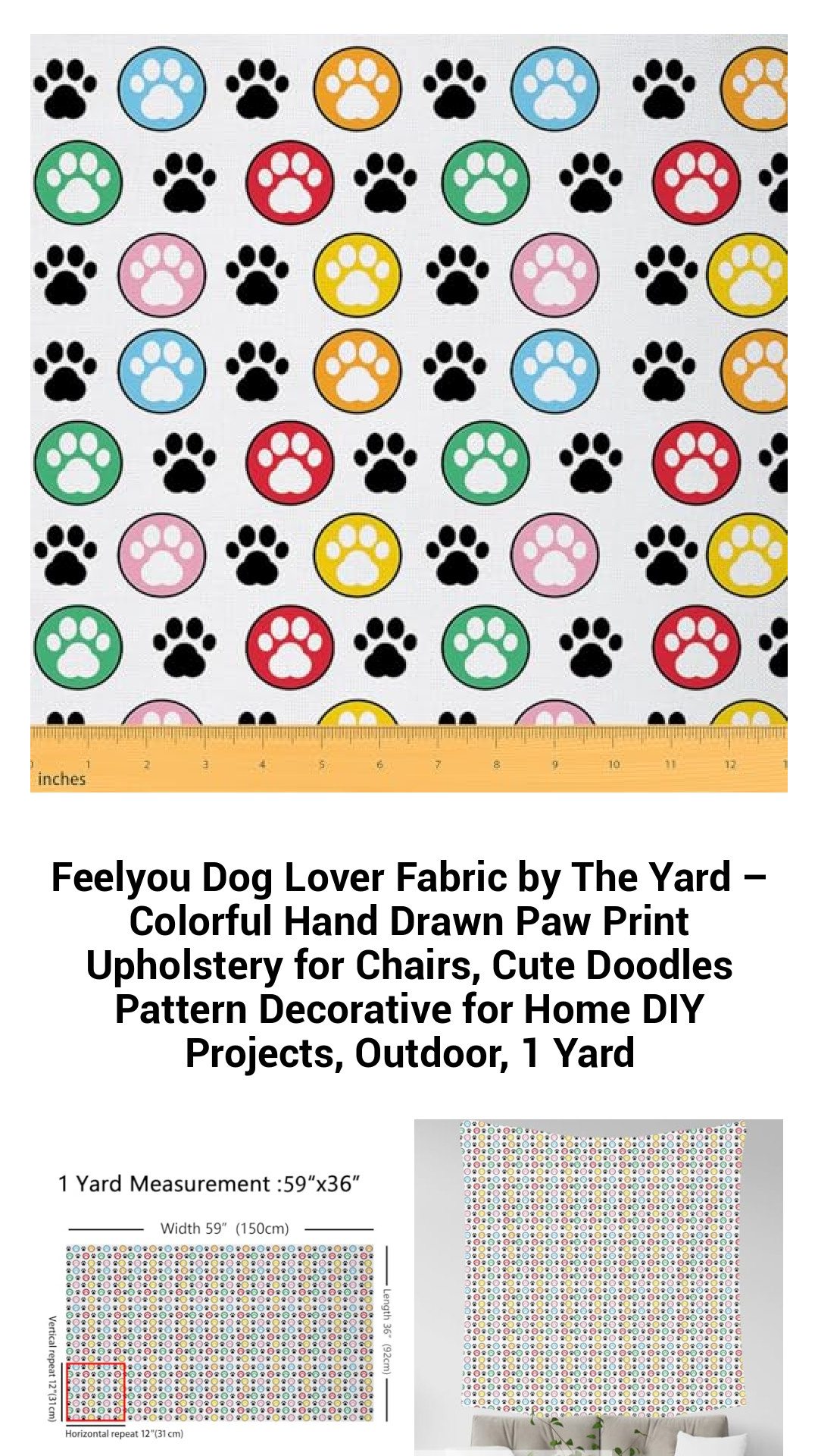 Colorful Dog Lover Fabric by The Yard - Vibrant Hand-Drawn Paw Print Upholstery for Creative DIY Projects, Home Décor, and Outdoor Use
