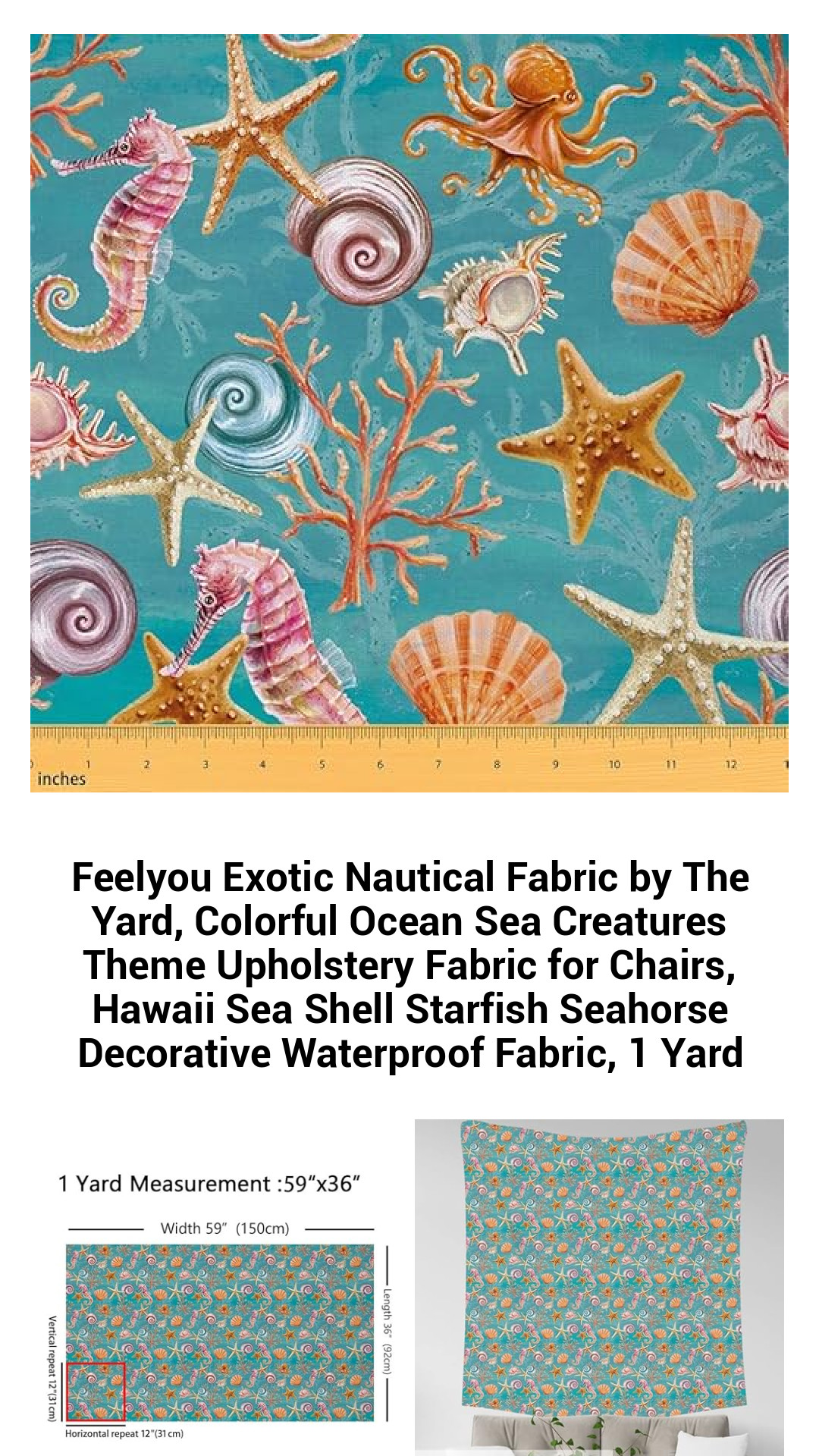 Feelyou Exotic Nautical Fabric by The Yard, Colorful Ocean Sea Creatures Theme Upholstery Fabric for Chairs, Hawaii Sea Shell Starfish Seahorse Decorative Waterproof Fabric, 1 Yard Feelyou Exotic Nautical Fabric by The Yard, Colorful Ocean Sea Creatures Theme Upholstery Fabric for Chairs, Hawaii Sea Shell Starfish Seahorse Decorative Waterproof Fabric, 1 Yard