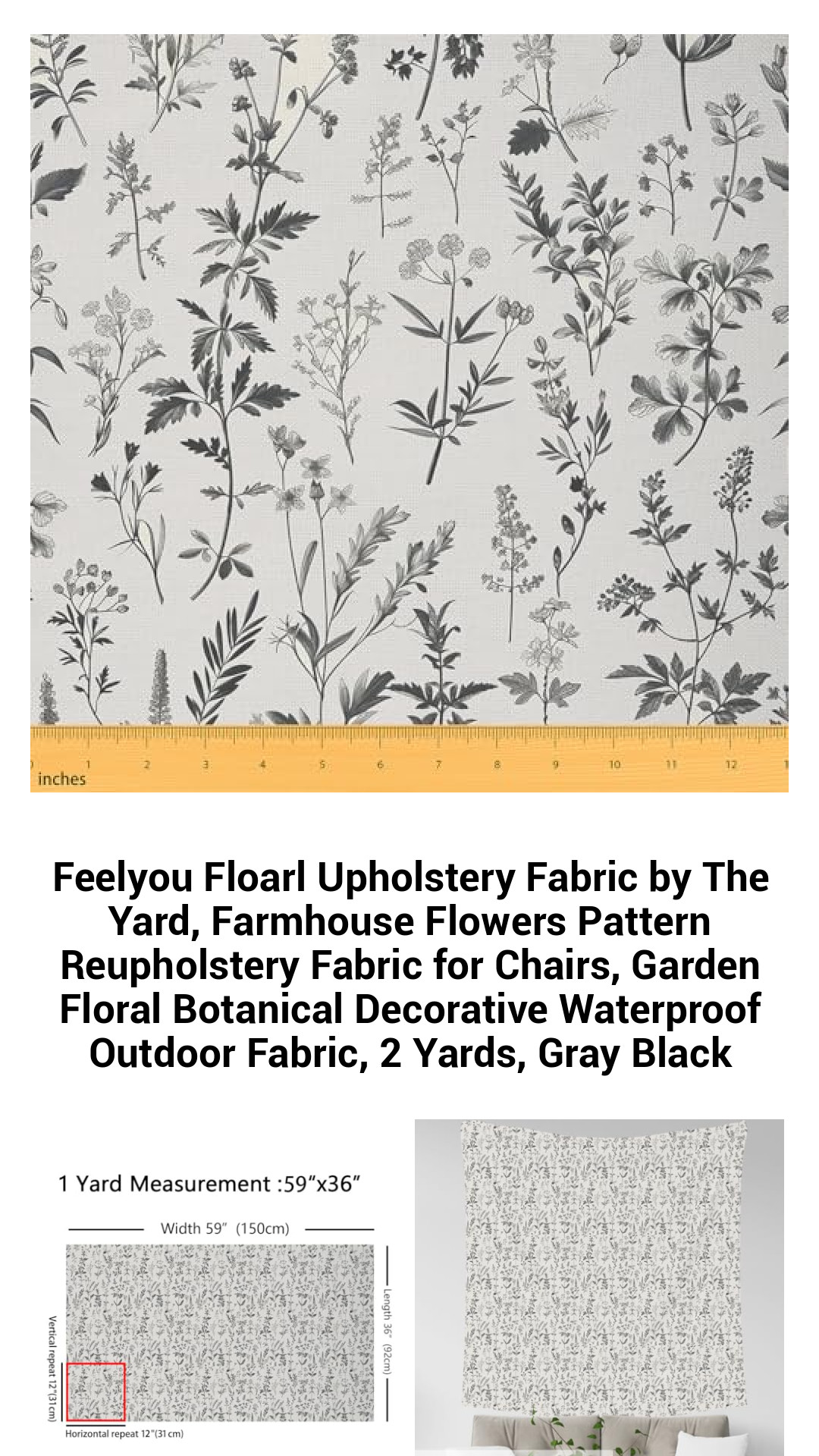 Premium Waterproof Floral Upholstery Fabric by The Yard – Farmhouse Chic Garden Design for Indoor & Outdoor Reupholstery, Perfect for Chairs, Pillows, & DIY Projects, Available in 2 Yards (Gray/Black)
