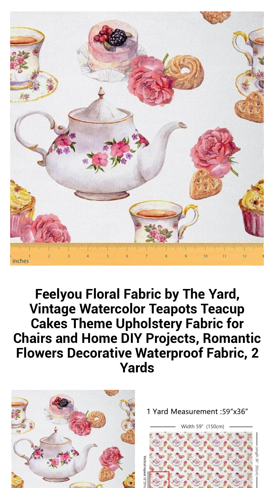 Vintage Floral Teapot & Teacup Waterproof Fabric by The Yard – Perfect for Romantic Home Decor and DIY Upholstery Projects